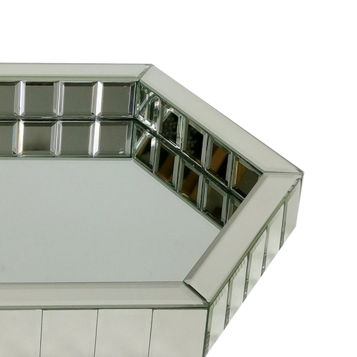 Tray With Hexagonal Beveled Mirror Panel Framing, Clear- Saltoro Sherpi
