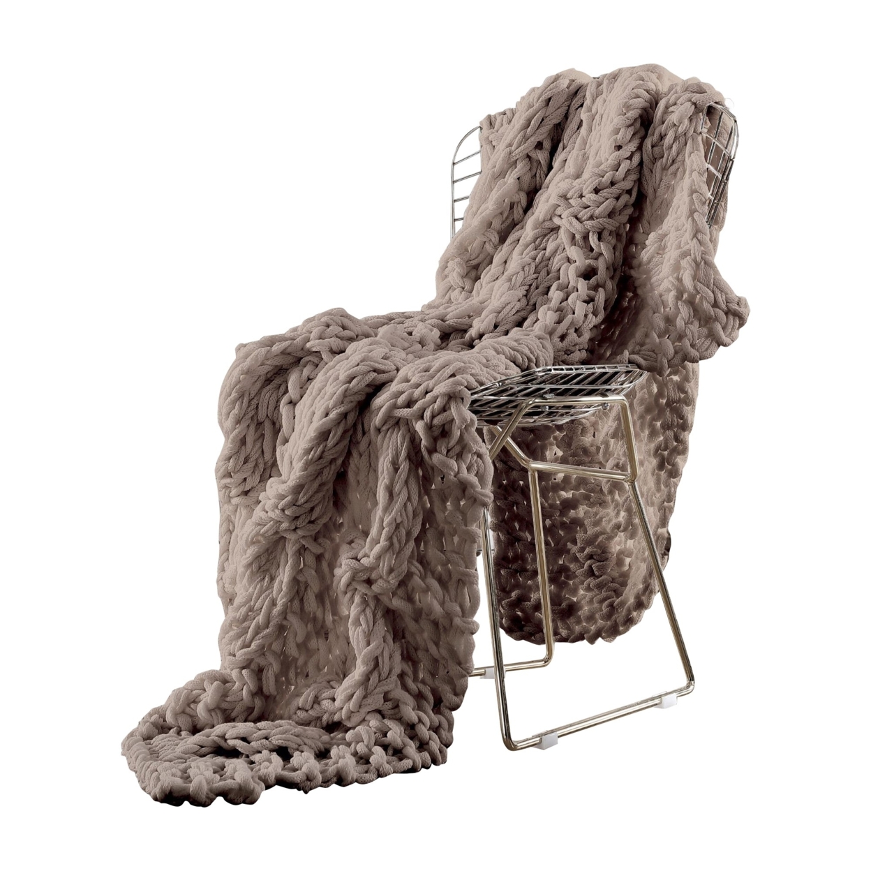Veria Throw Blanket With Hand Knitted Acrylic Fabric The Urban Port, Taupe Brown- Saltoro Sherpi