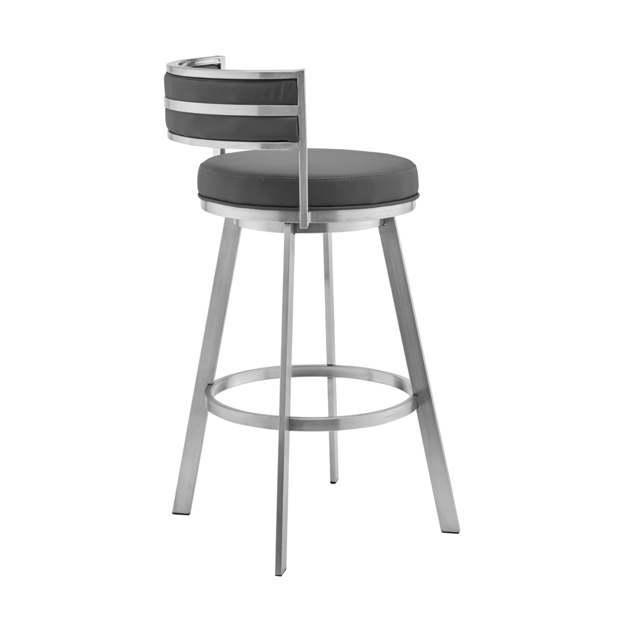 Roman 26 Gray Faux Leather And Brushed Stainless Steel Swivel Bar Stool- Saltoro Sherpi