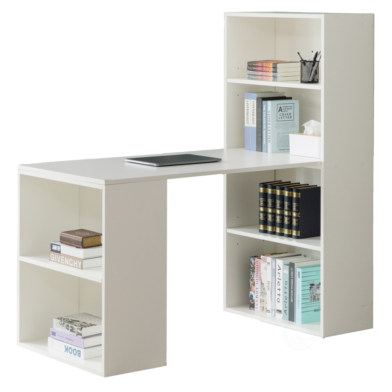 Computer Writing Workstation Table with Combo Bookshelf Bookcase - white large