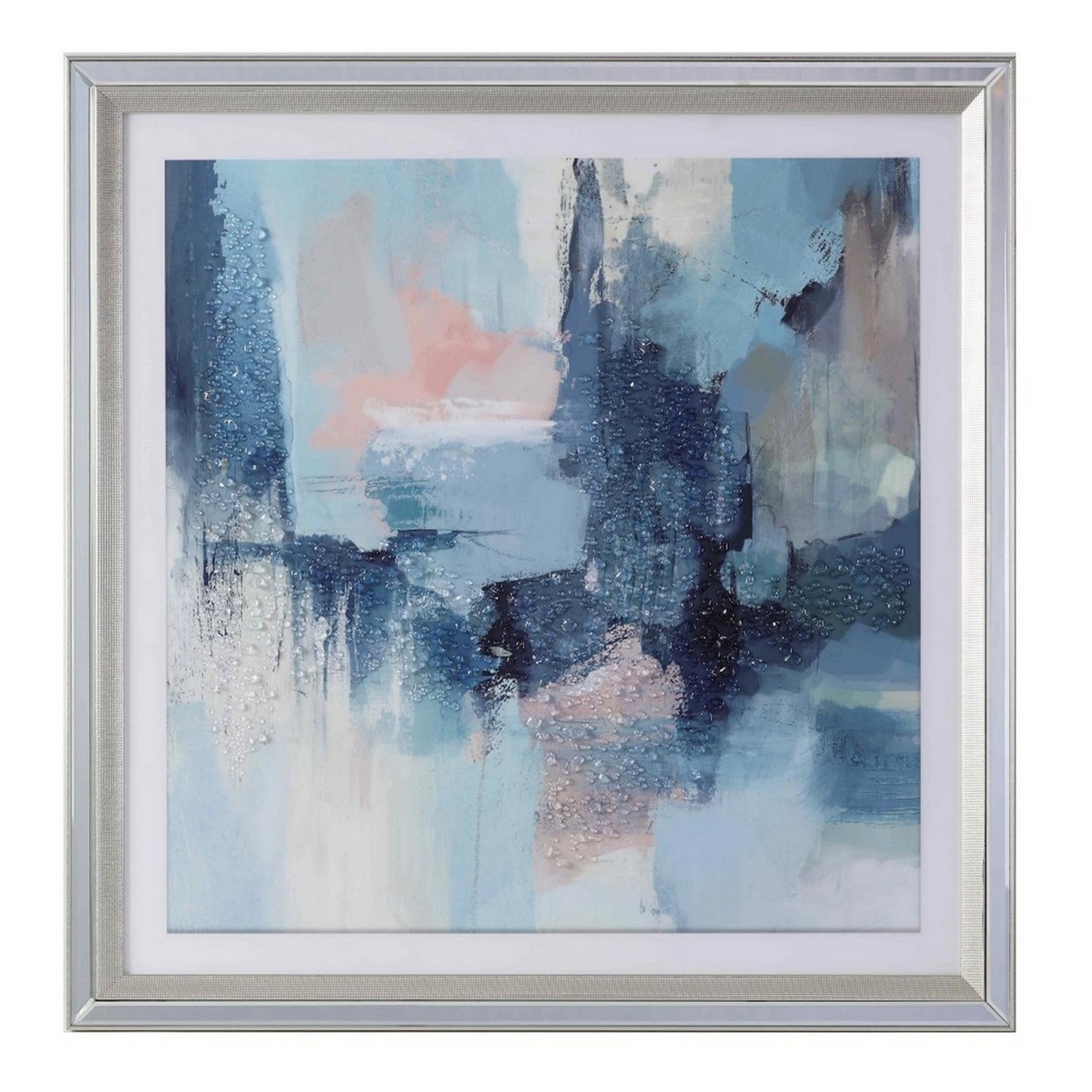 Wall Art With Acrylic Frame And Abstract Design, Silver And Blue- Saltoro Sherpi