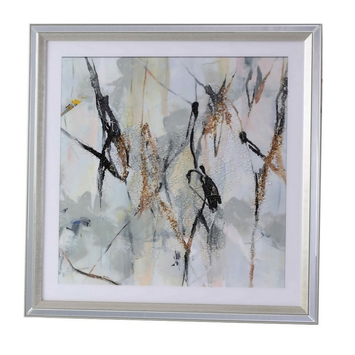 Wall Art With Acrylic Mirror Frame And Abstract Painting, Silver- Saltoro Sherpi