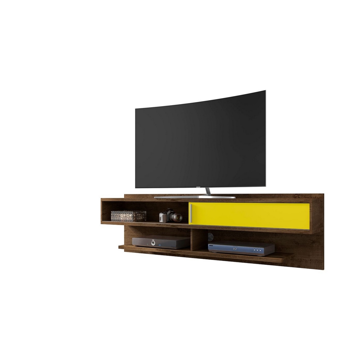 Astor 70.86 Modern Floating Entertainment Center 1.0 with Media Shelves in Rustic Brown and Yellow