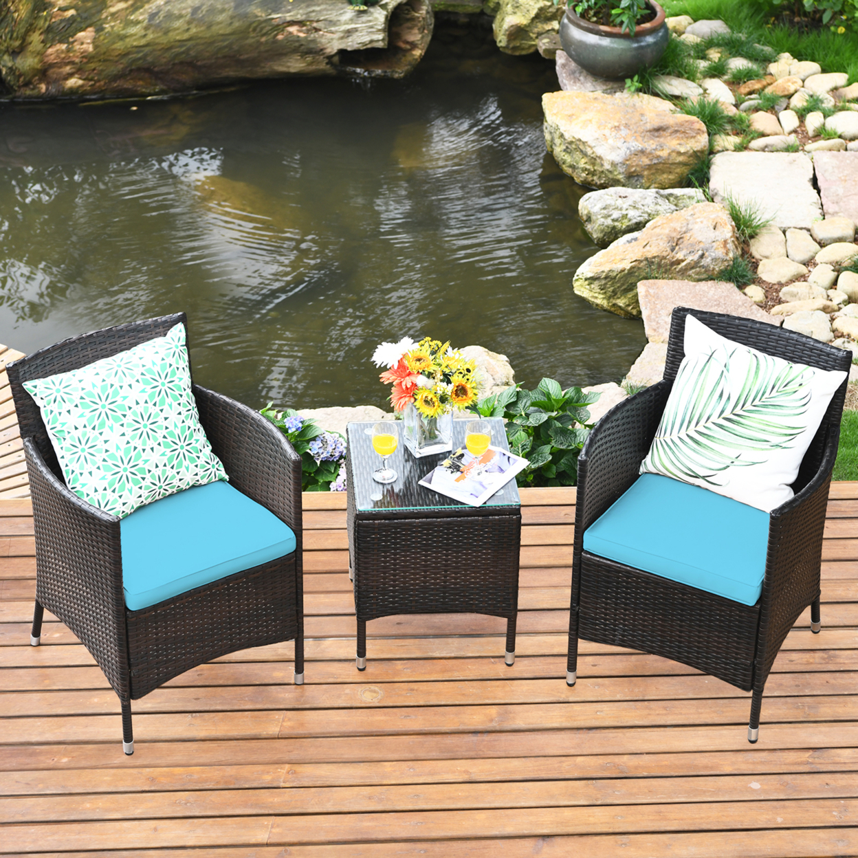 Gymax 3PCS Patio Outdoor Rattan Furniture Set W/ Coffee Table Cushioned Chairs