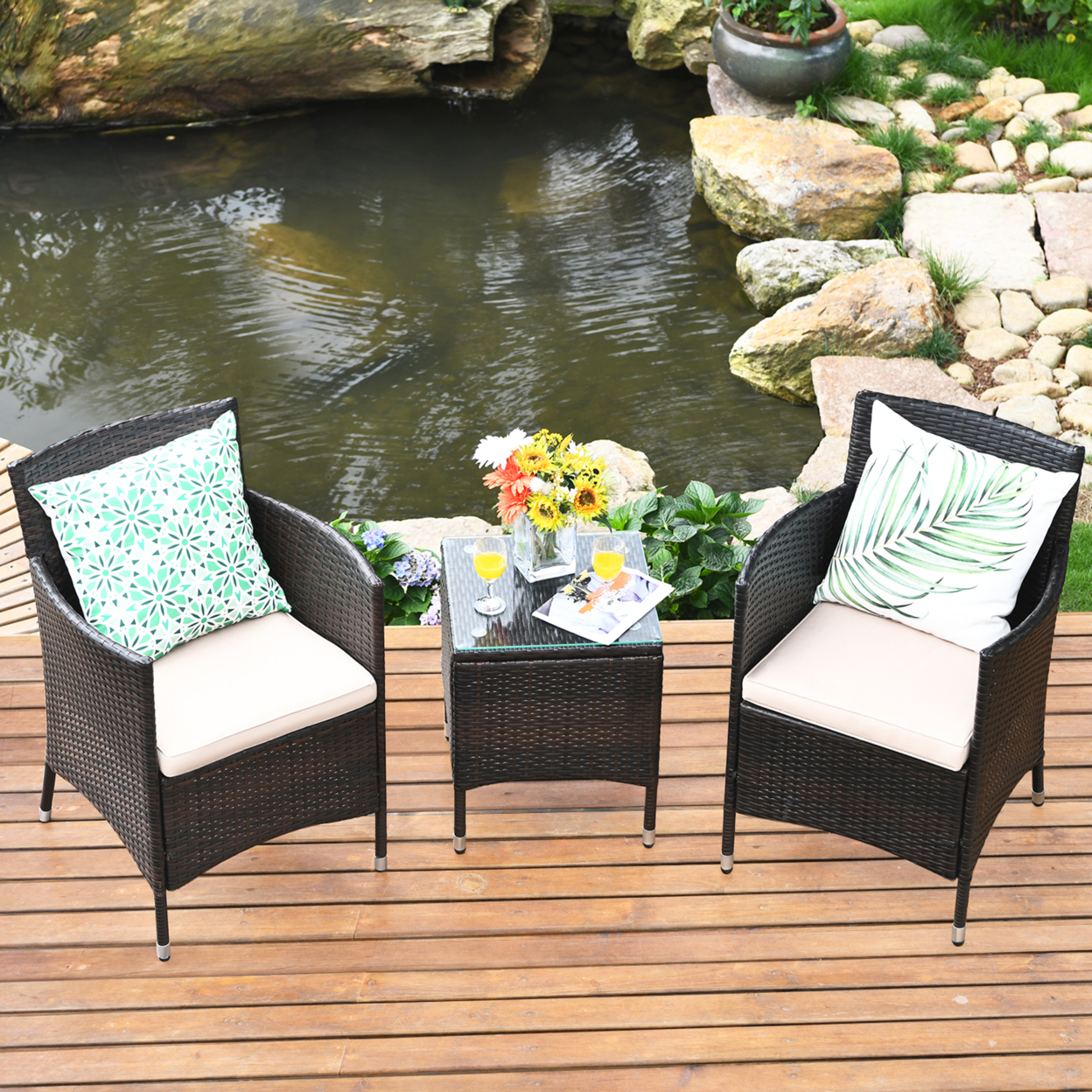 Gymax 3PCS Patio Outdoor Rattan Furniture Set Cushioned Chairs Coffee Table