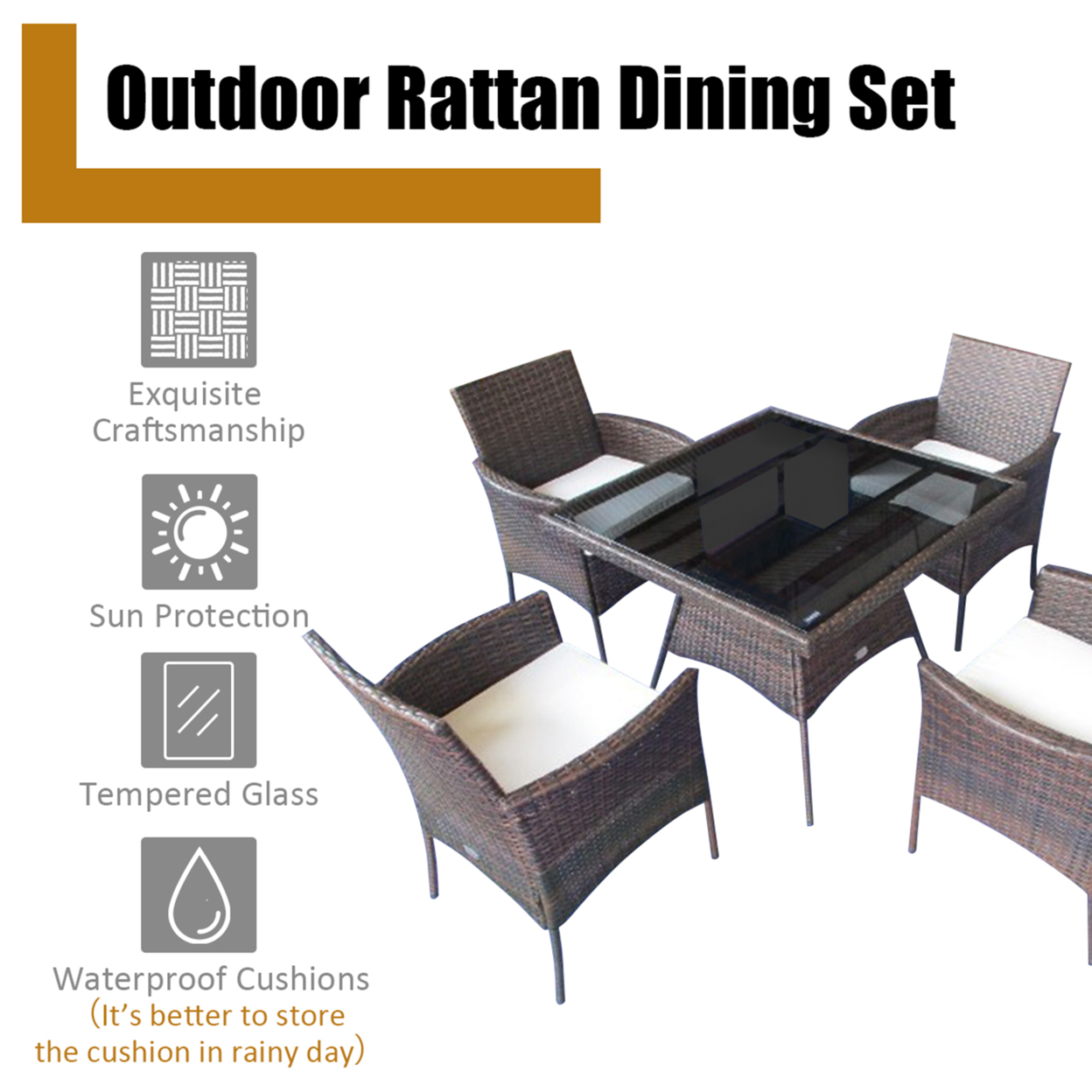 5PCS Rattan Patio Dining Table Set Outdoor Furniture Set W/ 4 Seat Cushions