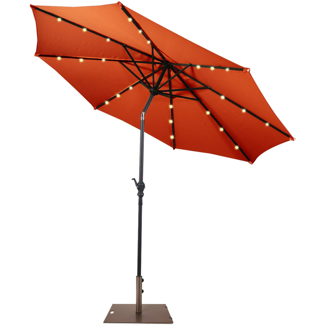 10 Ft Patio Table Market Umbrella W/ 24 Solar LED Lights & Heavy-duty Base - Orange