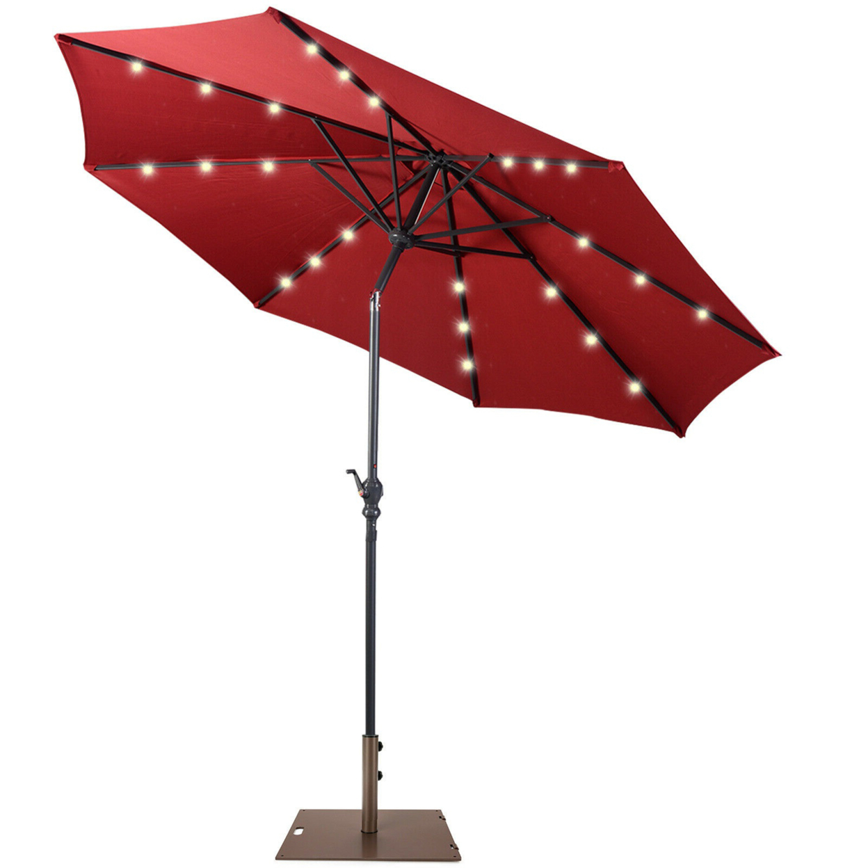 10 Ft Patio Table Market Umbrella W/ 24 Solar LED Lights & Heavy-duty Base - Wine