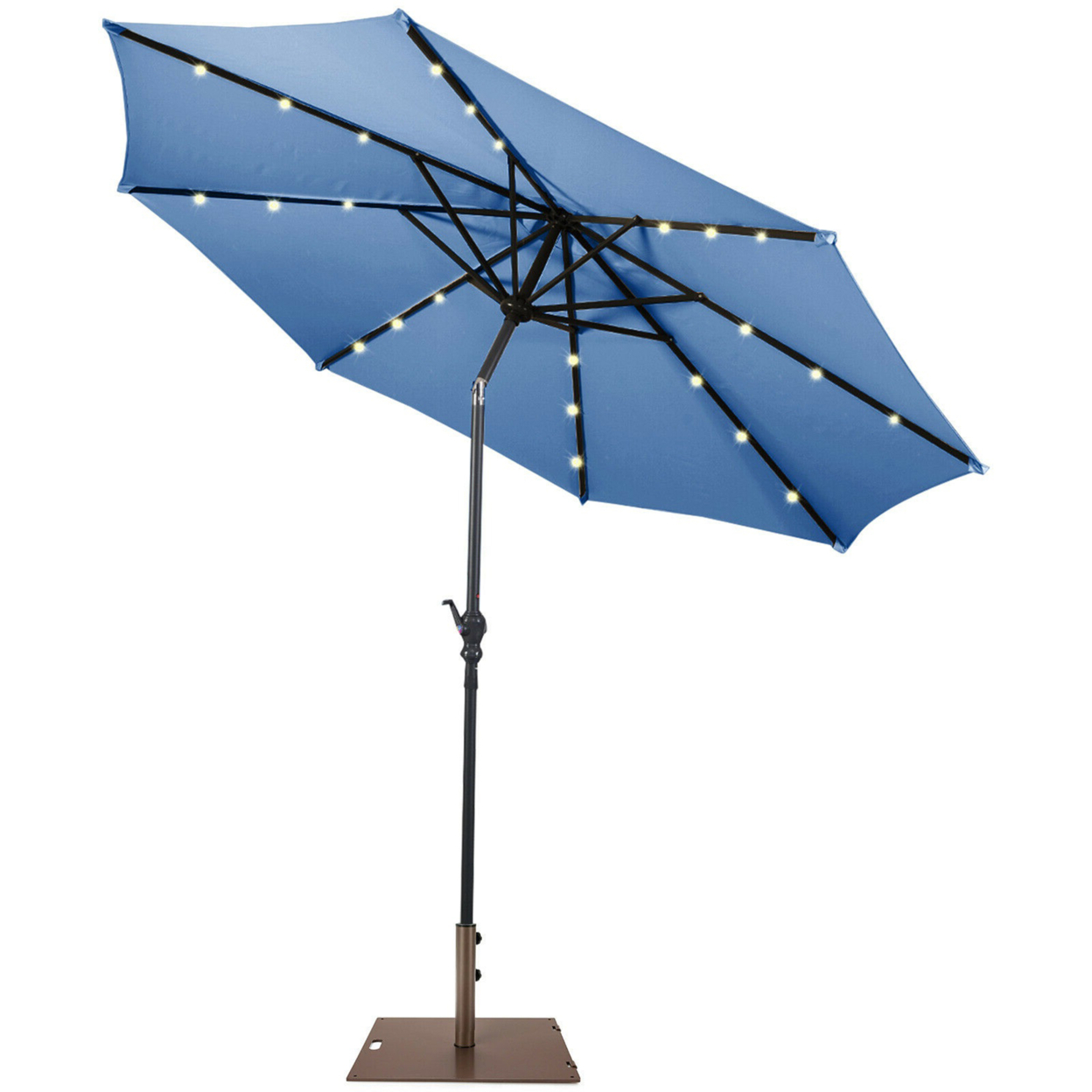 10 Ft Patio Table Market Umbrella W/ 24 Solar LED Lights & Heavy-duty Base - Blue