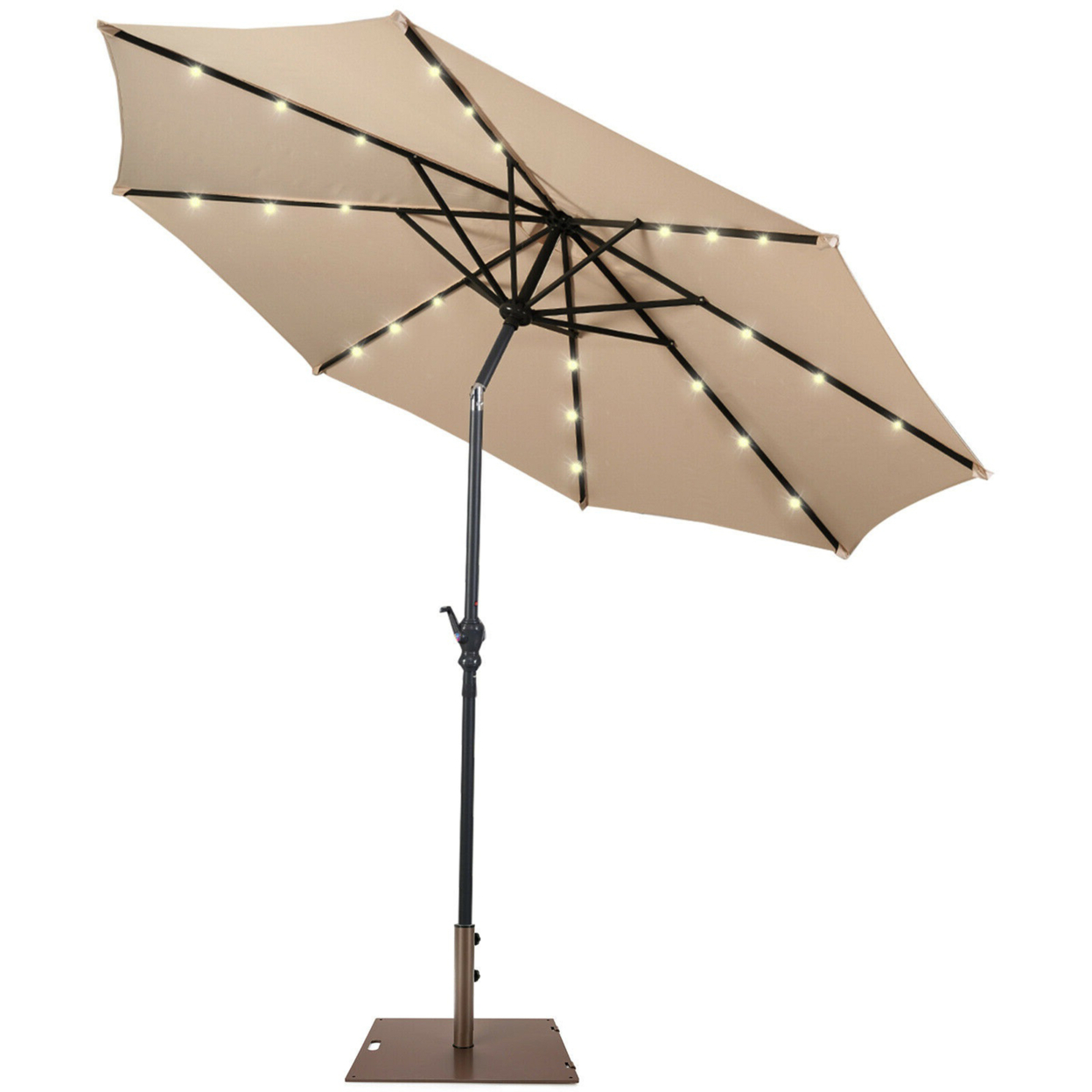 10 Ft Patio Table Market Umbrella W/ 24 Solar LED Lights & Heavy-duty Base - Beige
