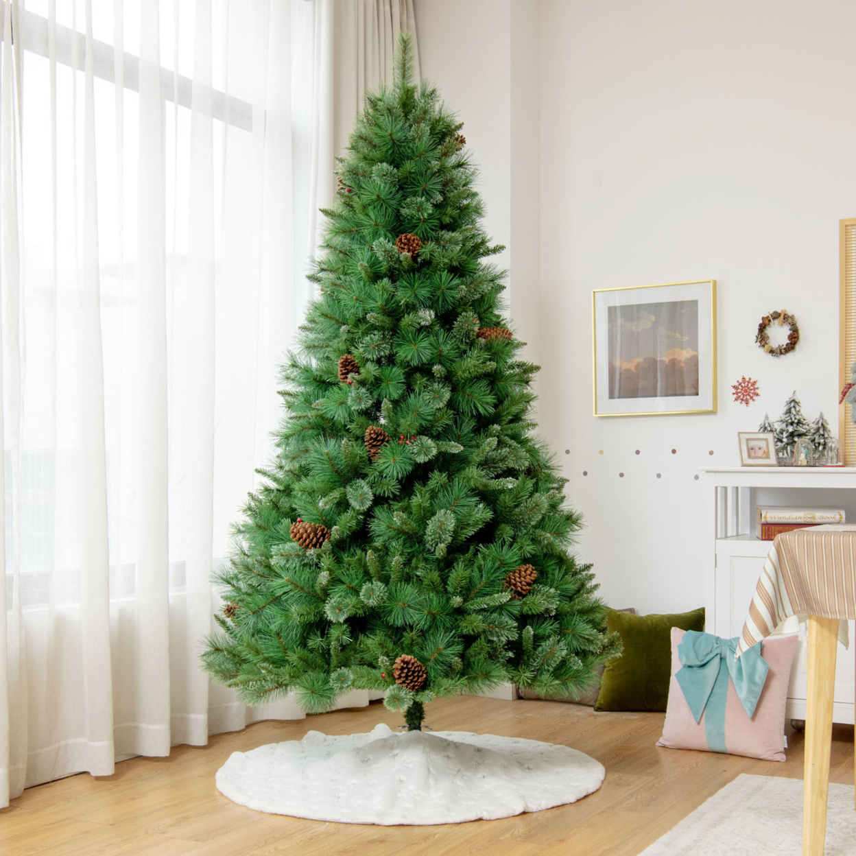 6/7/8 Ft Artificial Christmas Tree Unlit Hinged Pine Xmas Tree W/ Pine Cones - 7 Ft