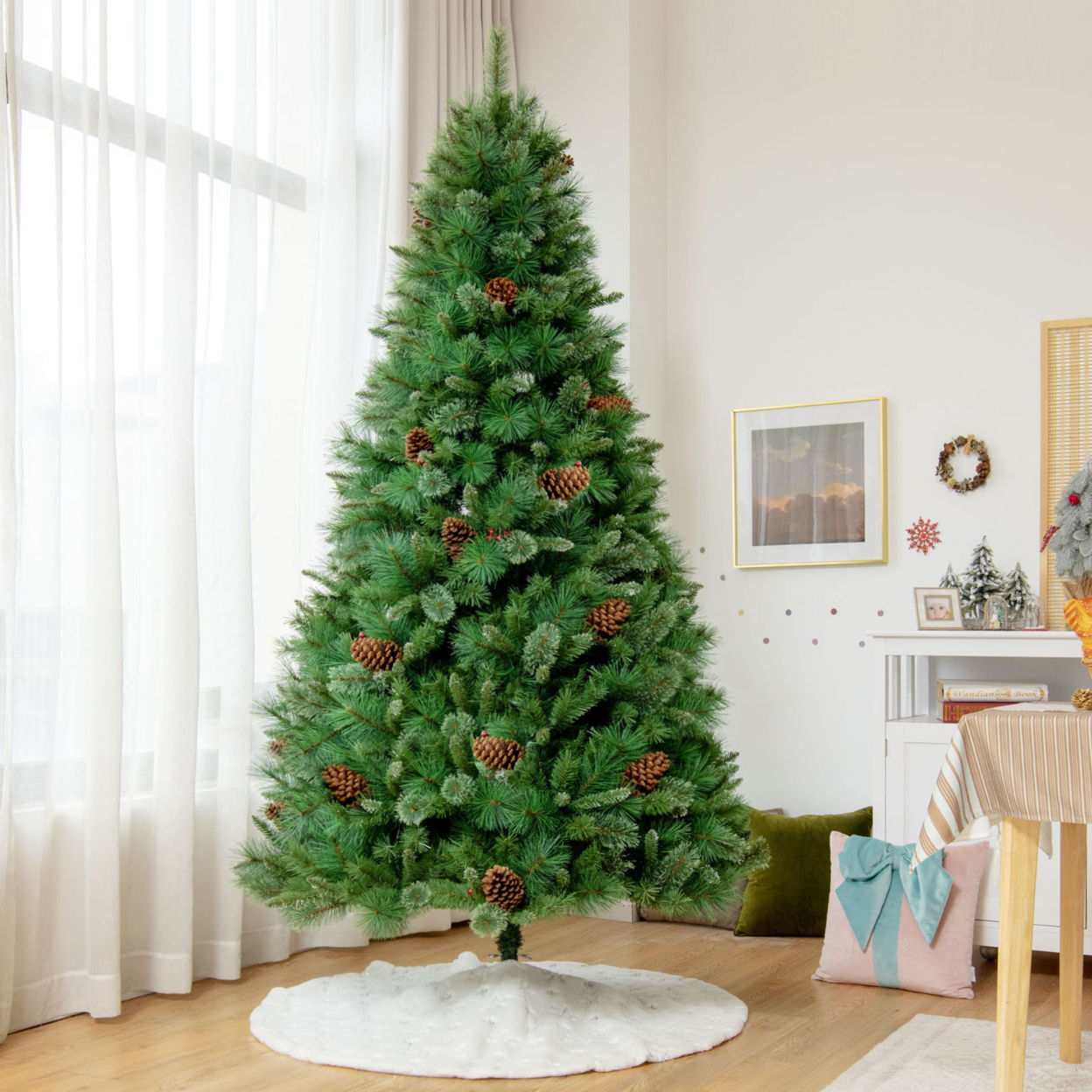 6/7/8 Ft Artificial Christmas Tree Unlit Hinged Pine Xmas Tree W/ Pine Cones - 8 Ft