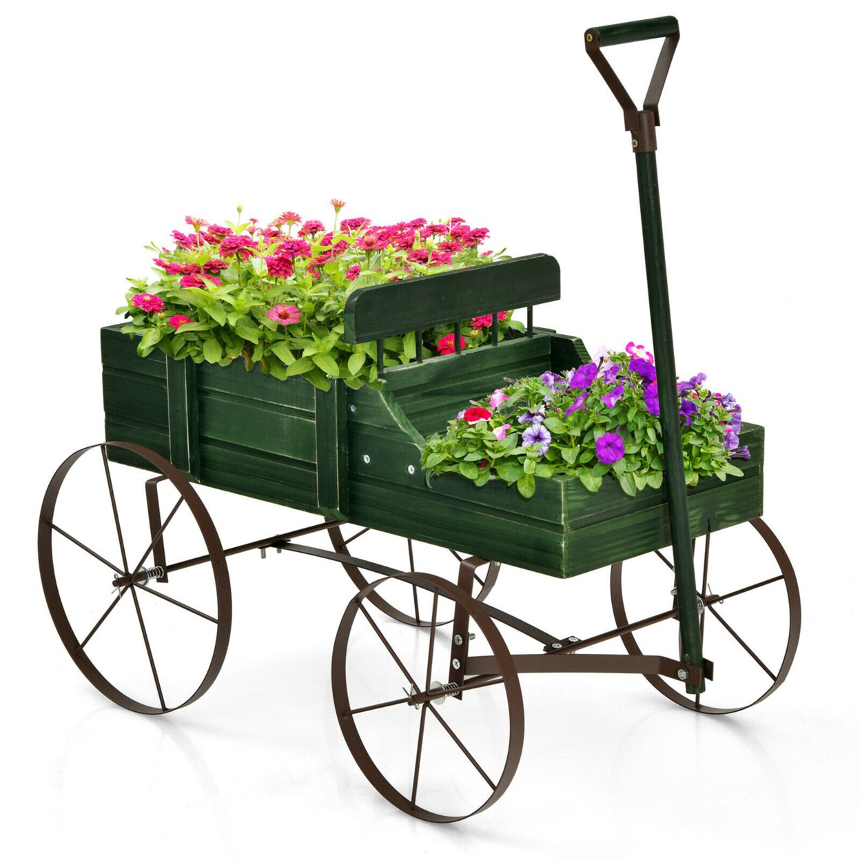 Garden Plant Planter Wooden Wagon Planter W/ Wheel Garden Yard - Green