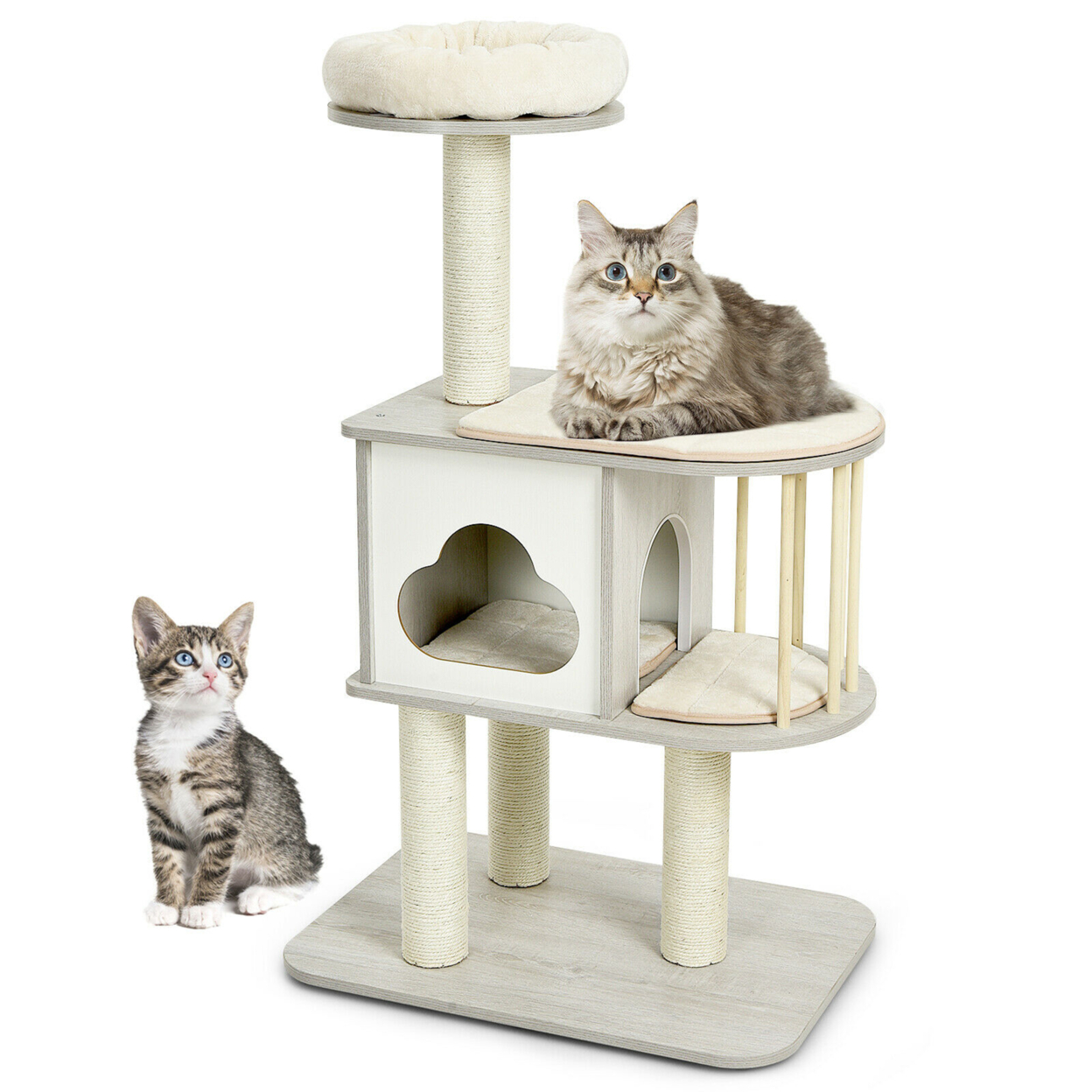 46'' Modern Wooden Cat Tree With Platform & Washable Cushions For Cats & Kittens