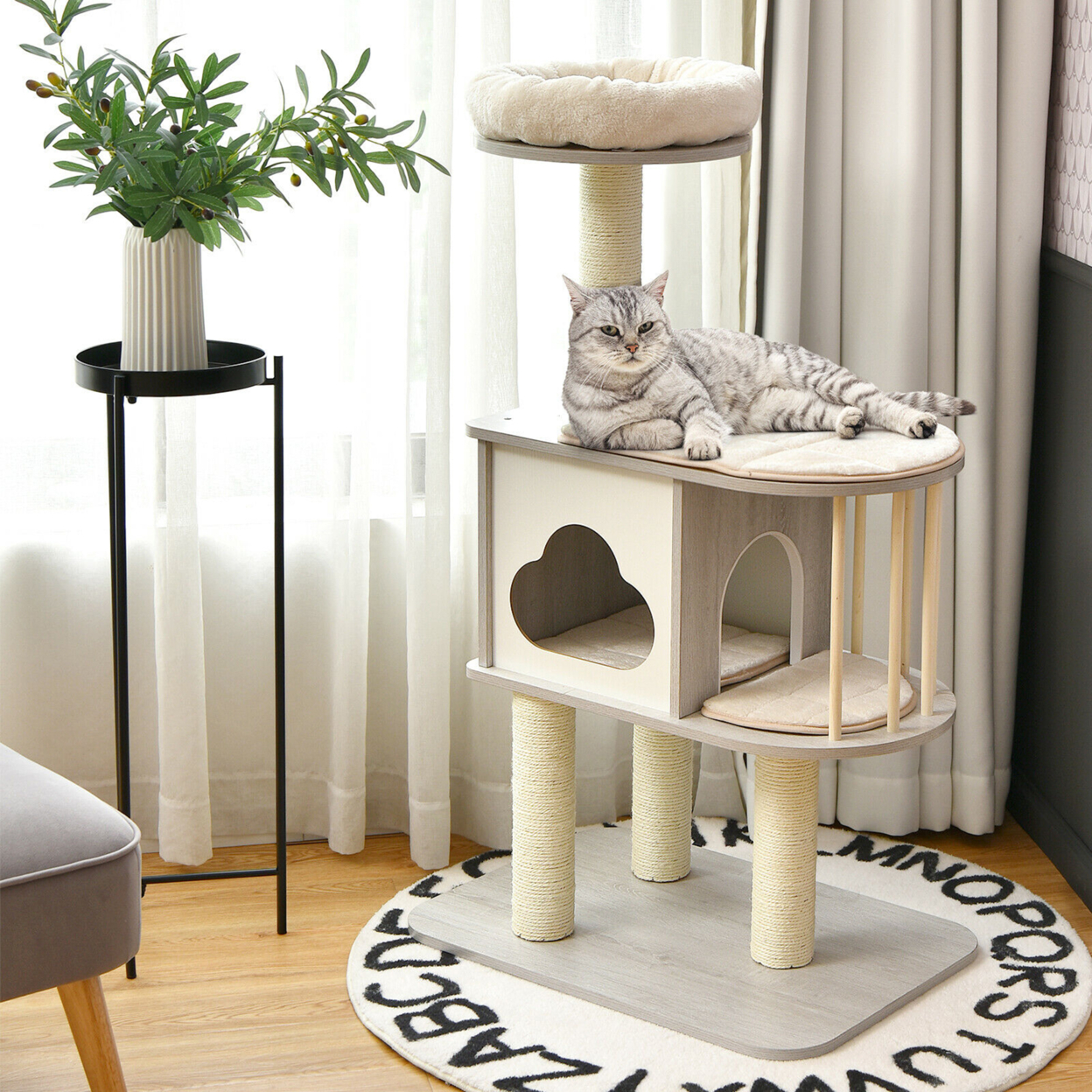46'' Modern Wooden Cat Tree With Platform & Washable Cushions For Cats & Kittens