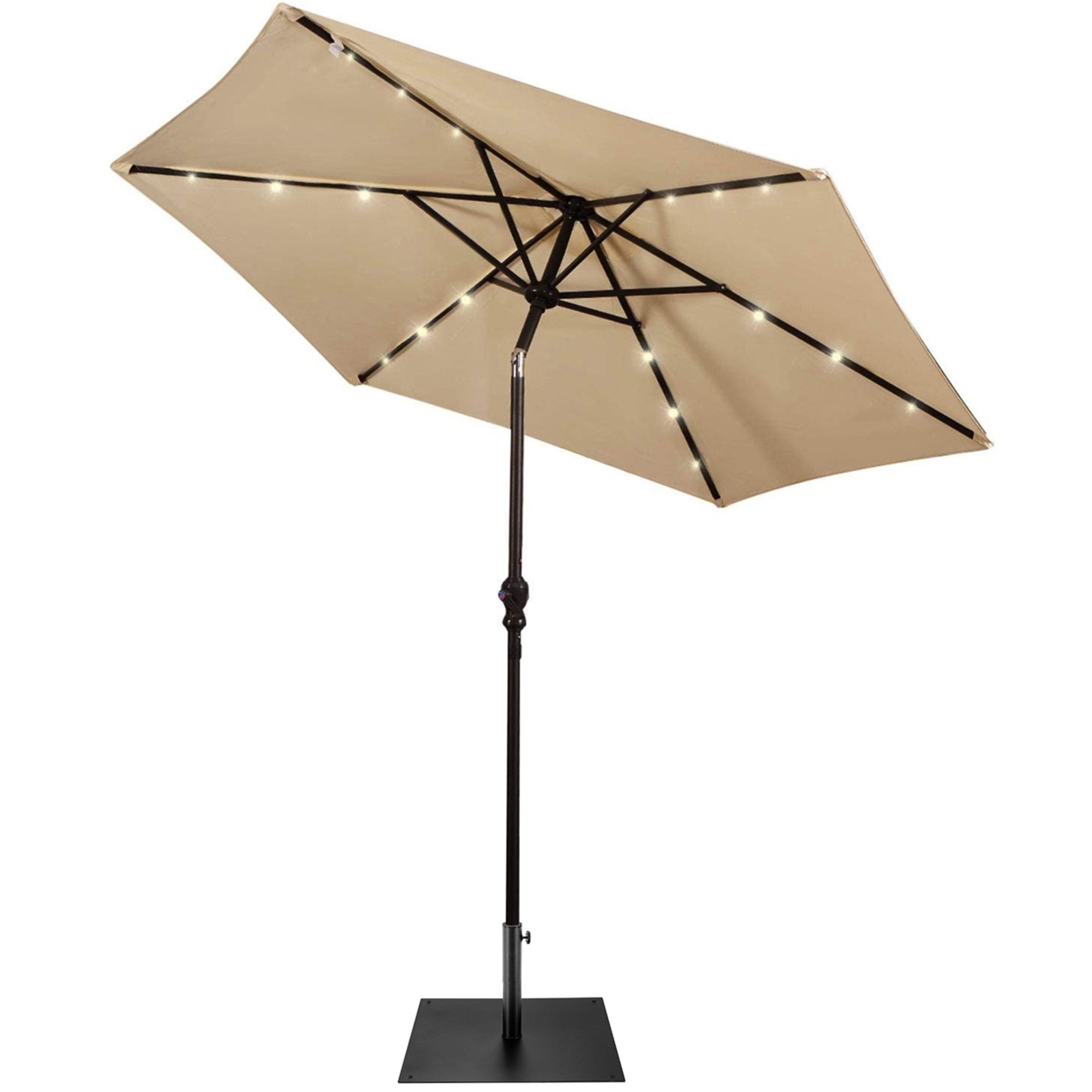 9 Ft Patio Table Market Umbrella W/ 18 Solar LED Lights & Heavy-duty Base - Beige