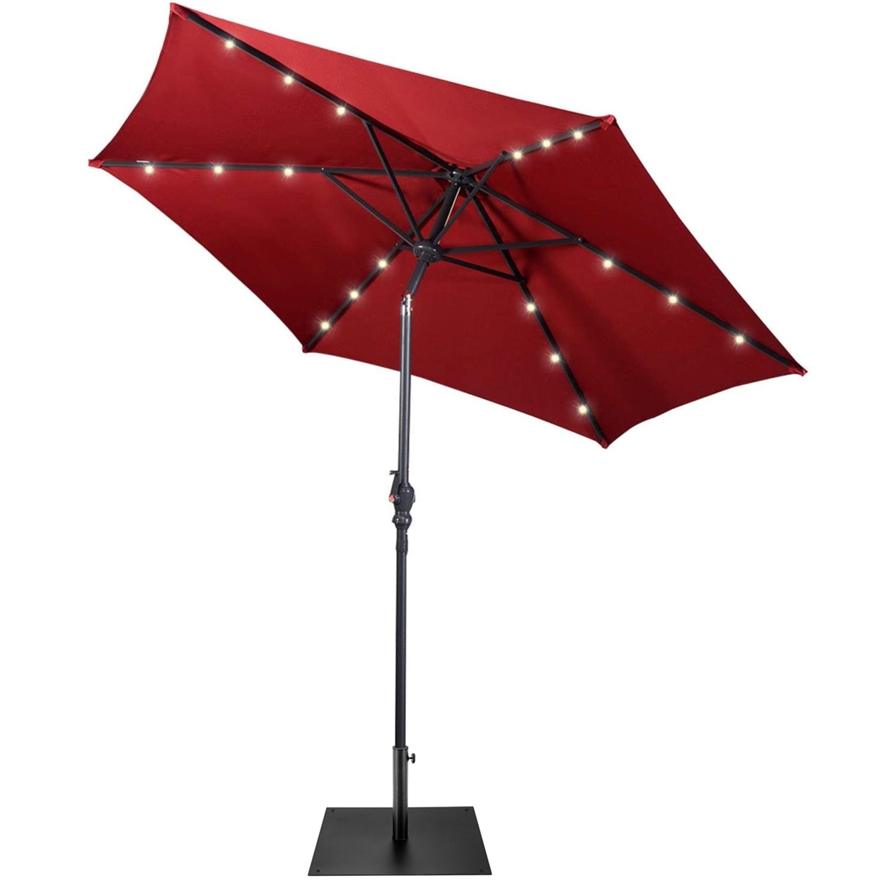 9 Ft Patio Table Market Umbrella W/ 18 Solar LED Lights & Heavy-duty Base - Wine