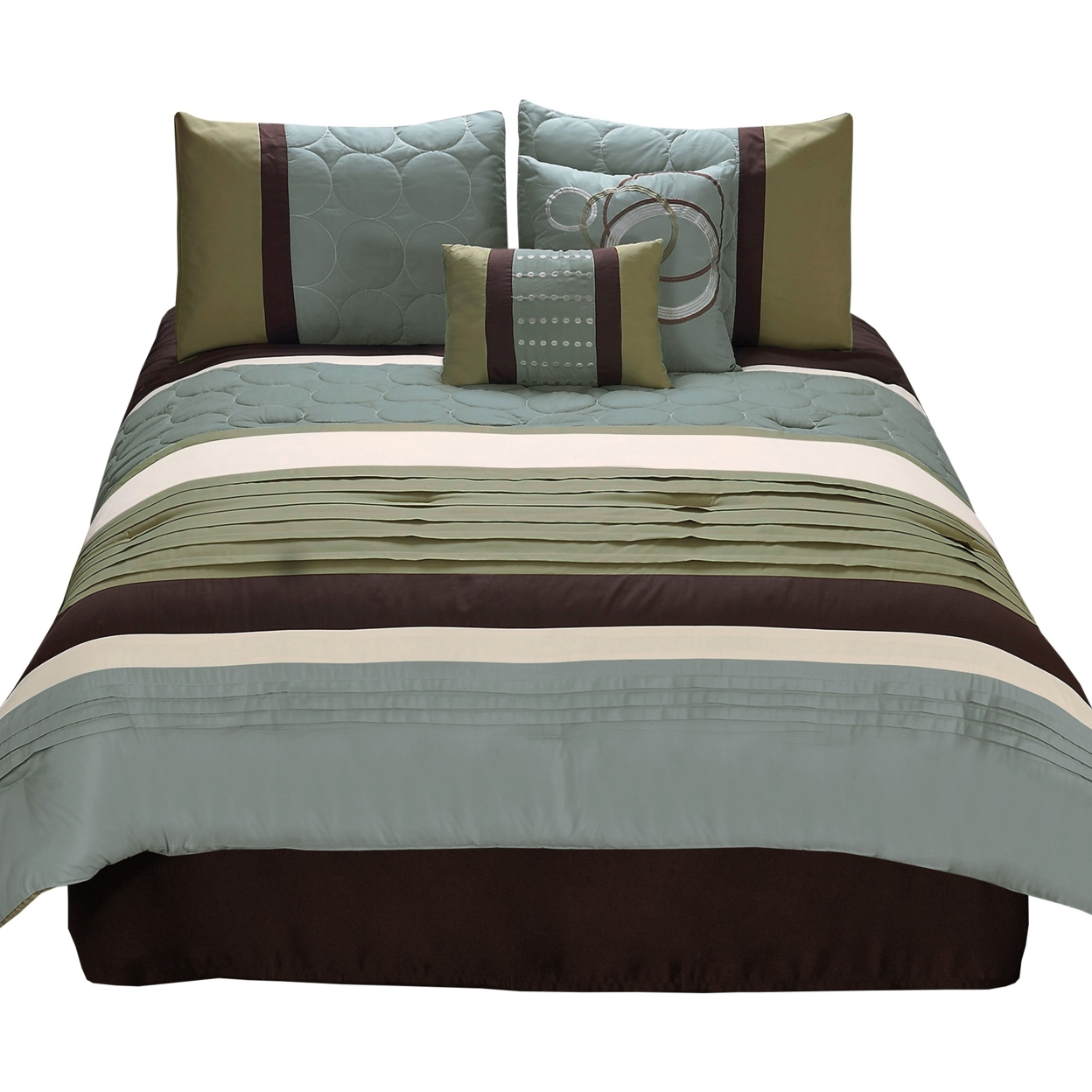 6 Piece Queen Comforter Set With Pleats And Embroidery, Green And Blue- Saltoro Sherpi