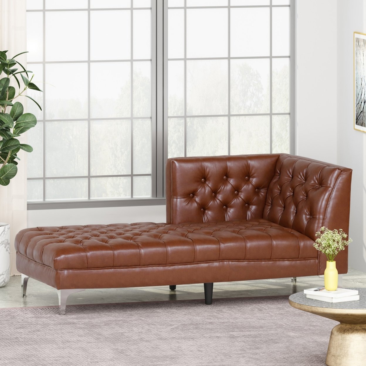 Bluffton Contemporary Tufted One Armed Chaise Lounge - Silver/cognac