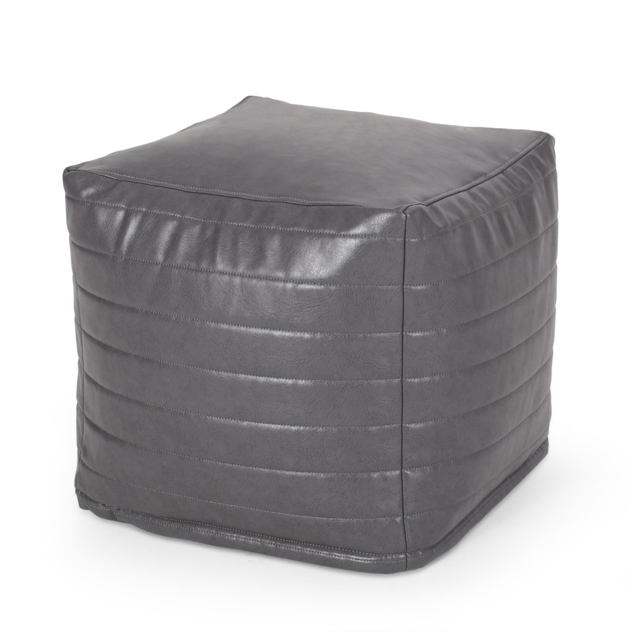 Conrail Contemporary Faux Leather Channel Stitch Pouf - Grey, Cube
