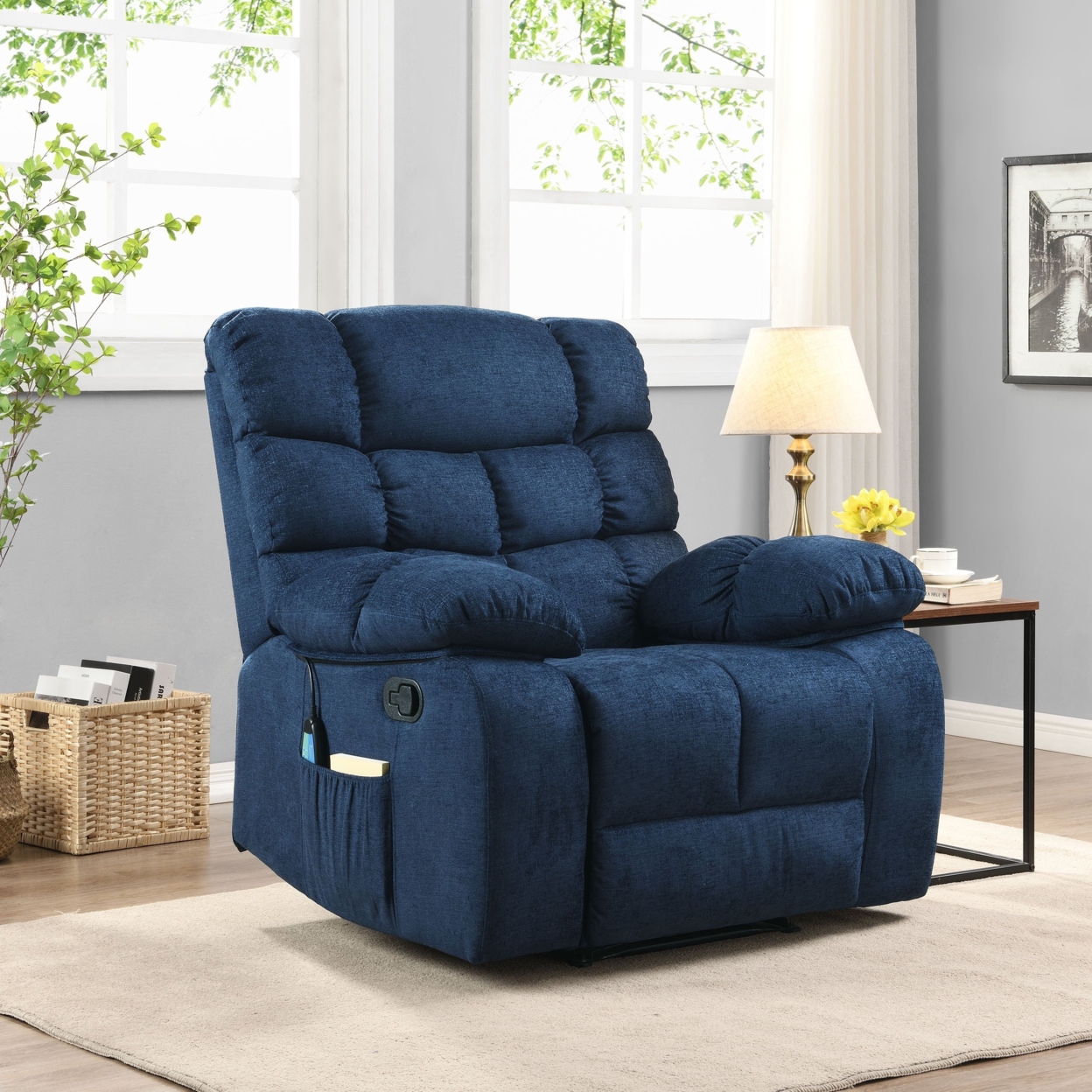 Conyers Contemporary Pillow Tufted Massage Recliner - Black/navy Blue
