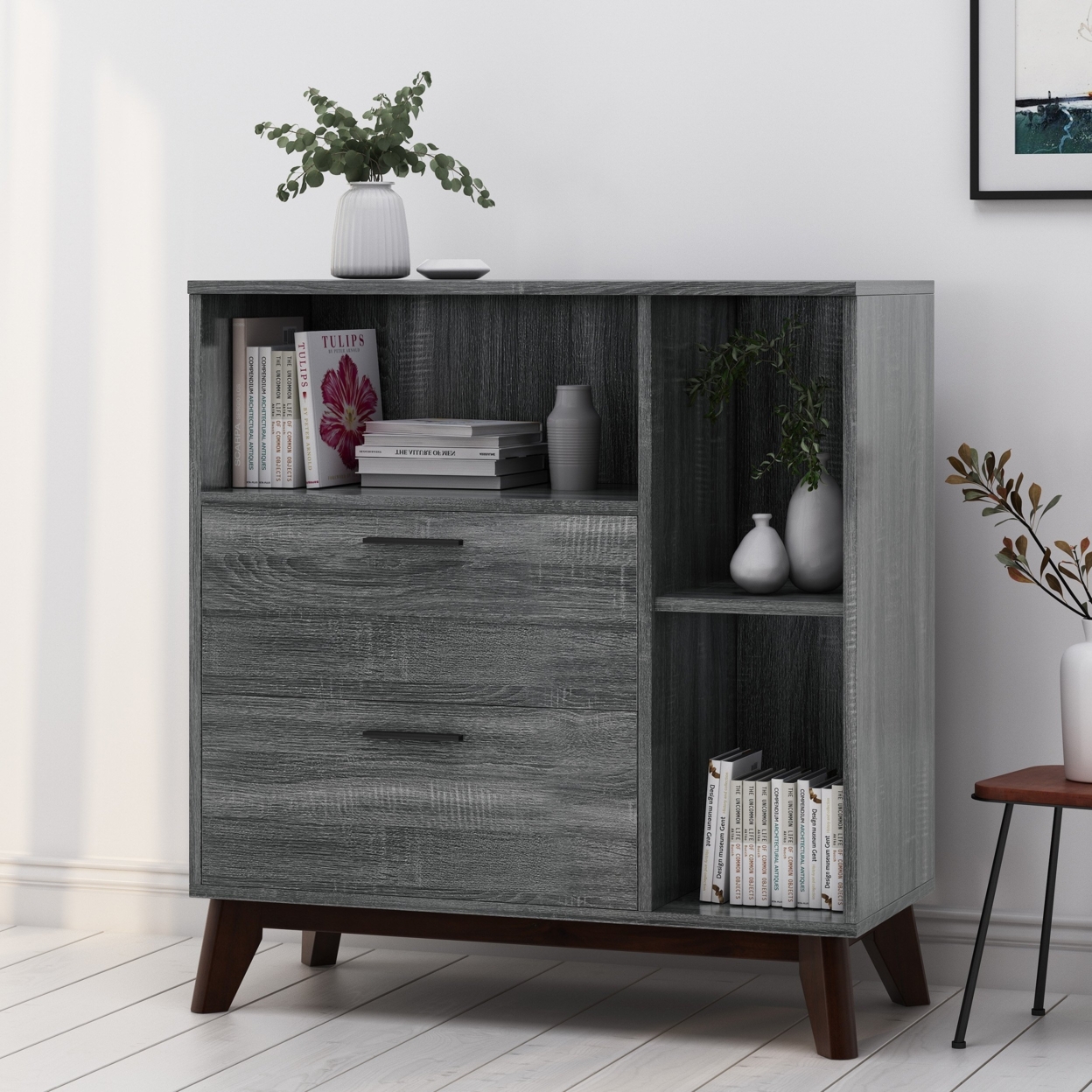 Deschutes Mid-Century Modern 2 Drawer Cabinet - Sonoma Grey Oak/wenge