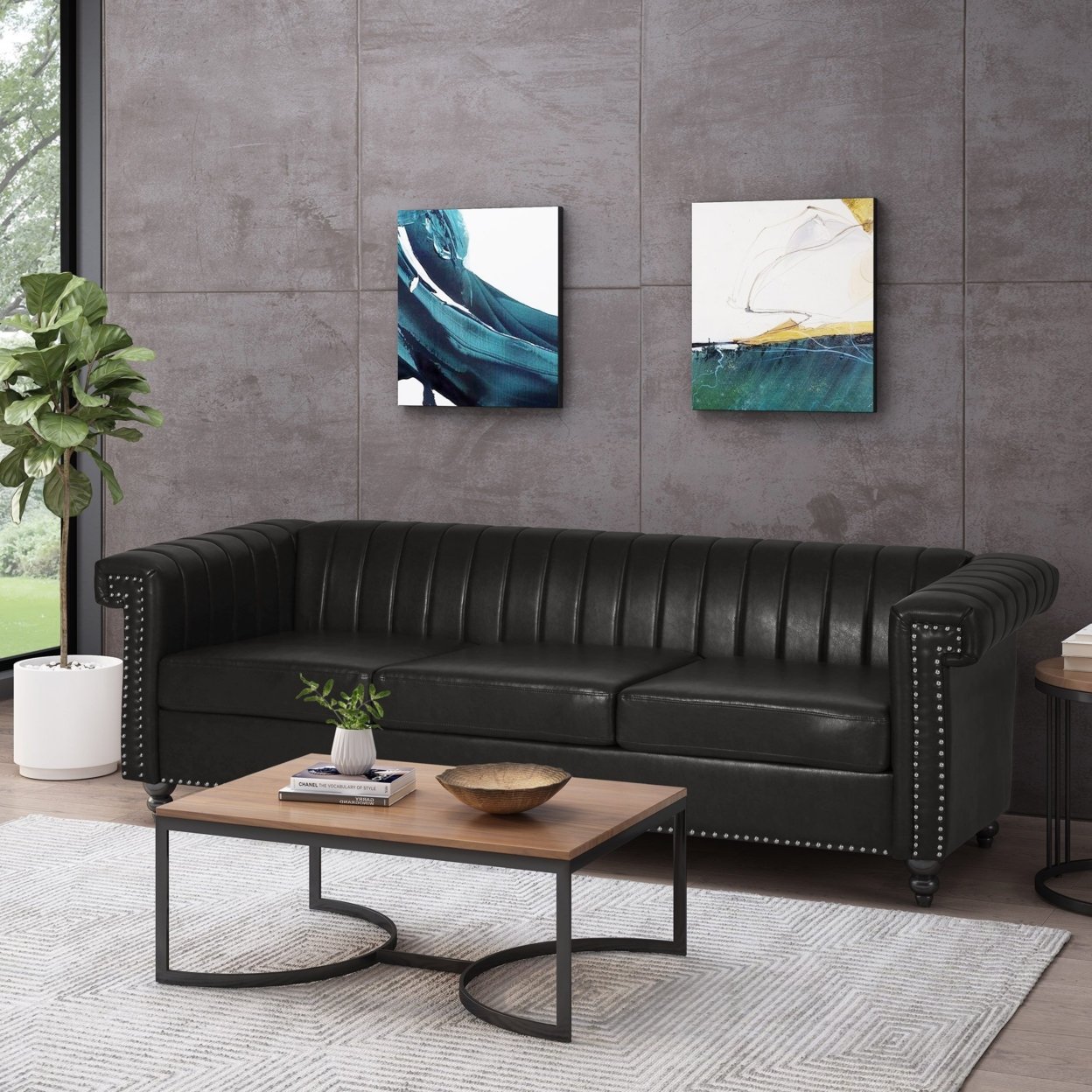 Donley Contemporary Channel Stitch 3 Seater Sofa With Nailhead Trim - Dark Brown/midnight