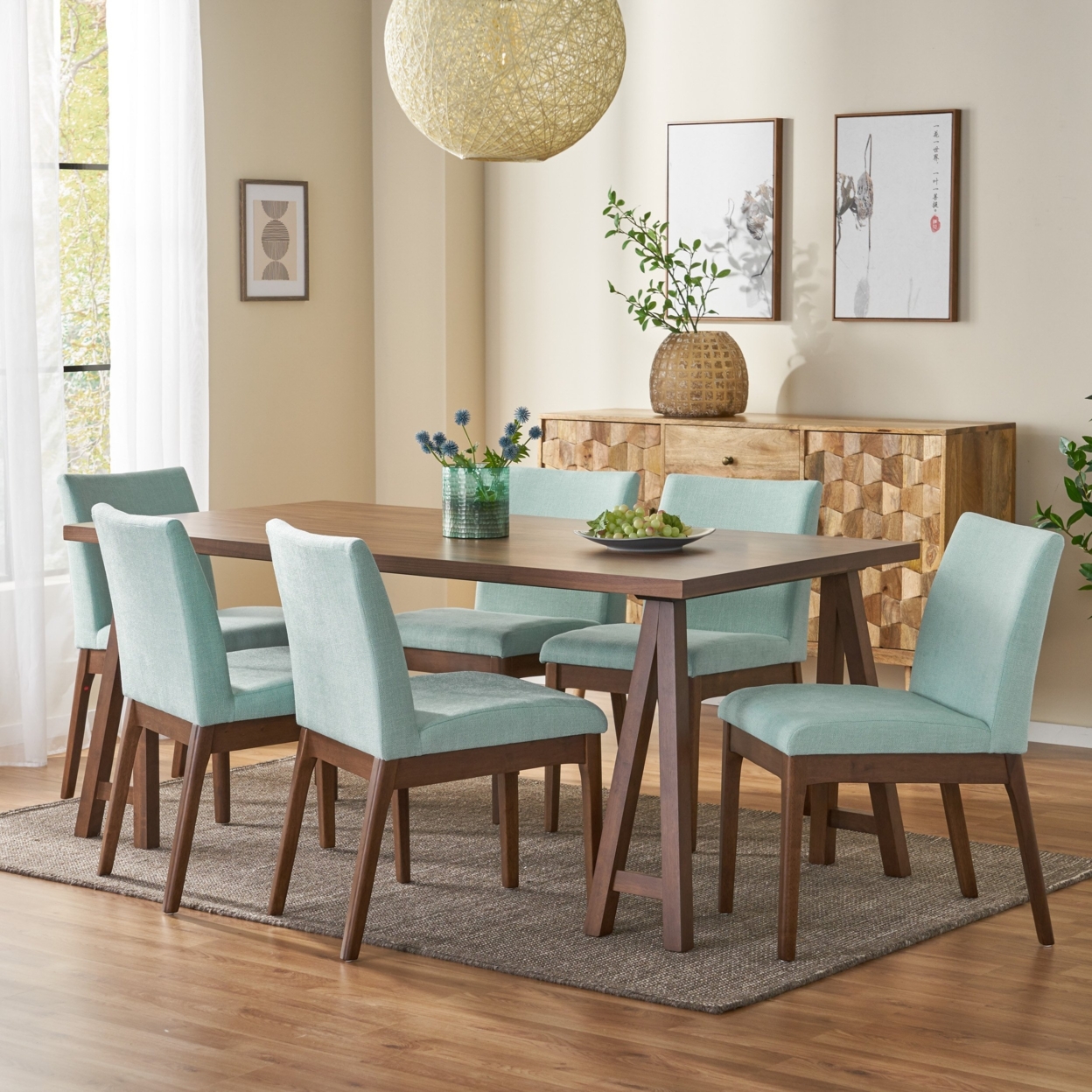 Elsinore Mid-Century Modern 7 Piece Dining Set With A-Frame Table - Mint/walnut