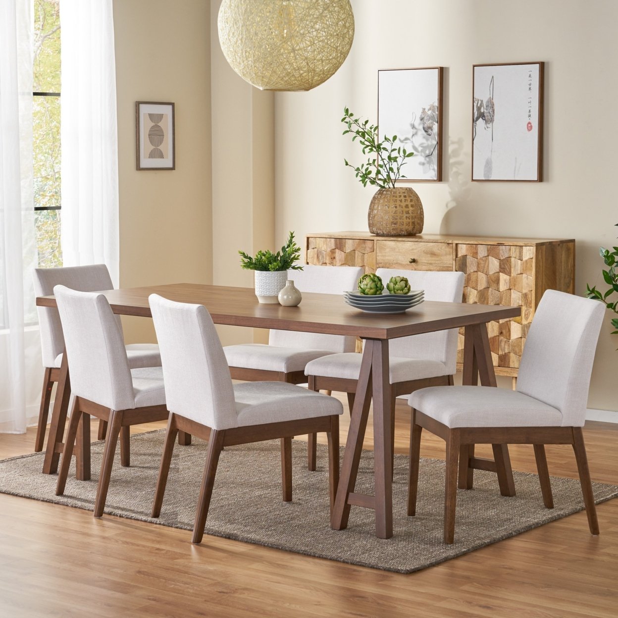 Elsinore Mid-Century Modern 7 Piece Dining Set With A-Frame Table - Light Beige/walnut