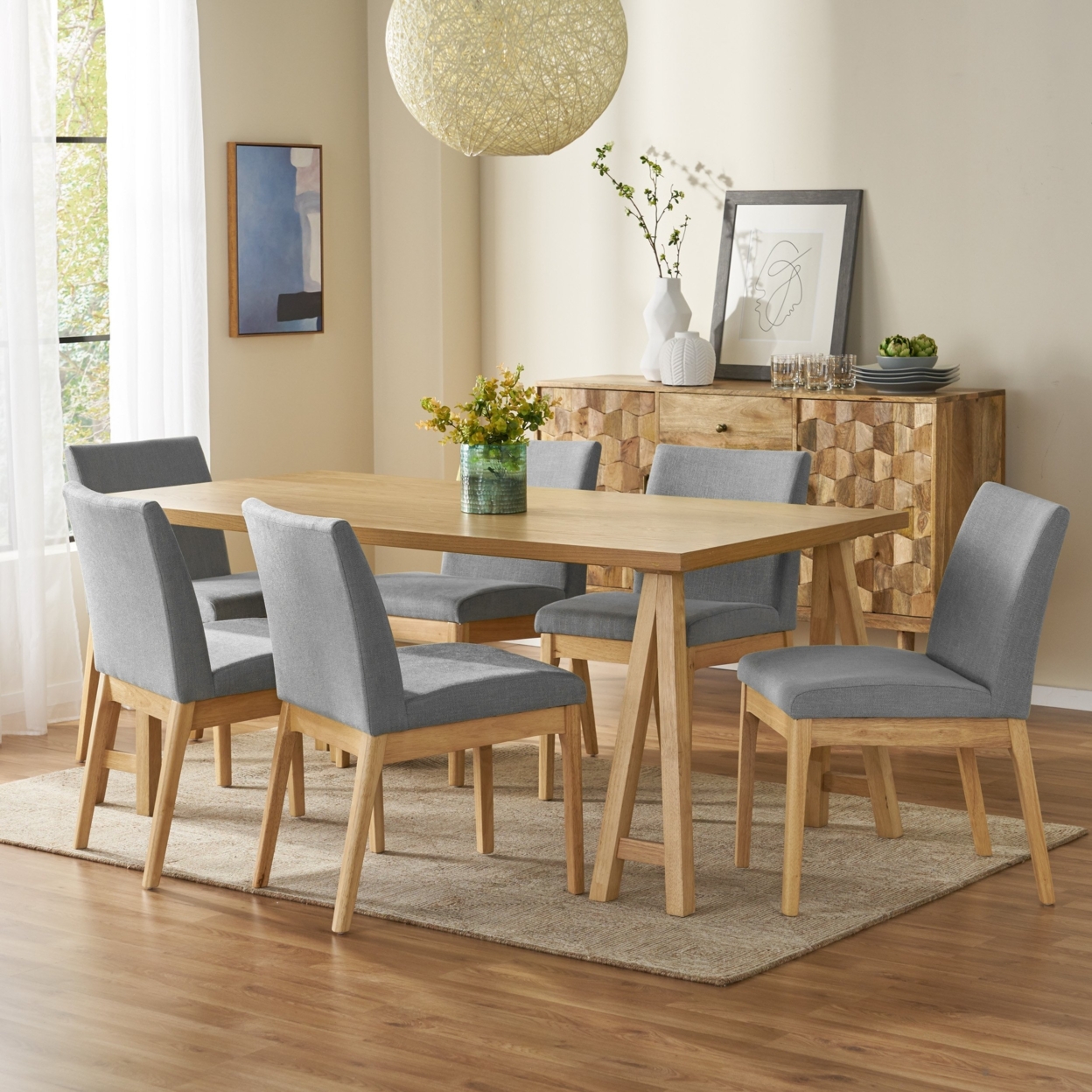 Elsinore Mid-Century Modern 7 Piece Dining Set With A-Frame Table - Dark Gray/natural Oak/dark Grey