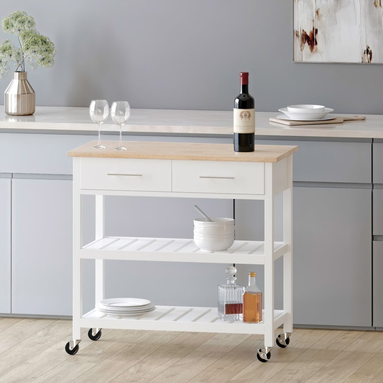 Enon Contemporary Kitchen Cart With Wheels - White/natural