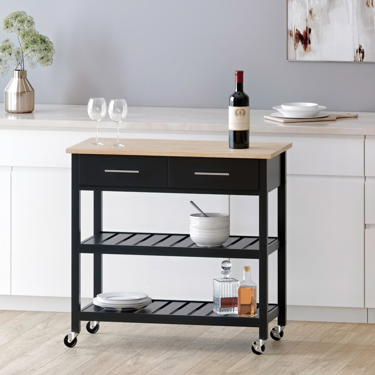 Enon Contemporary Kitchen Cart With Wheels - Black/natural