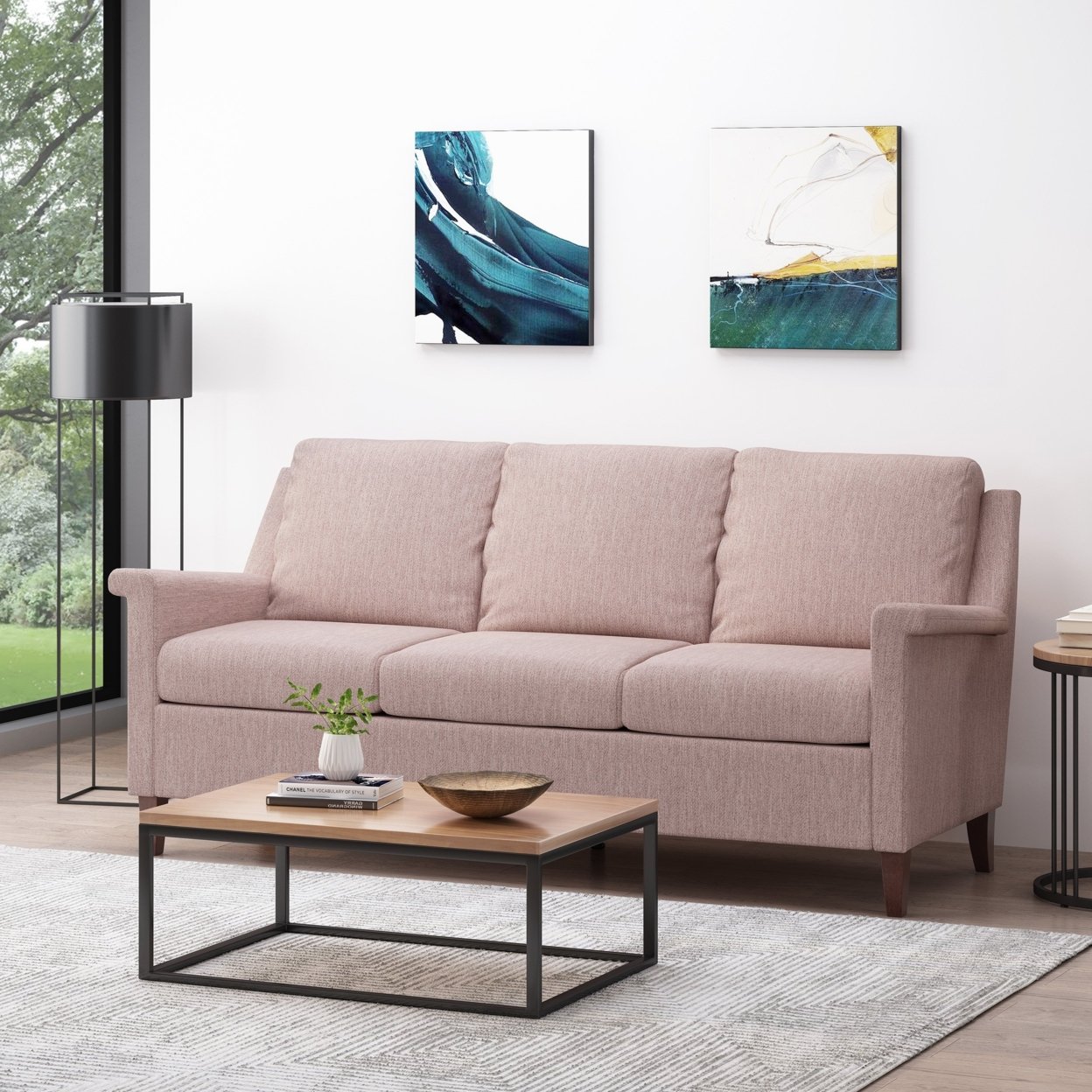 Franz Contemporary 3 Seater Fabric Sofa - Light Blush/espresso