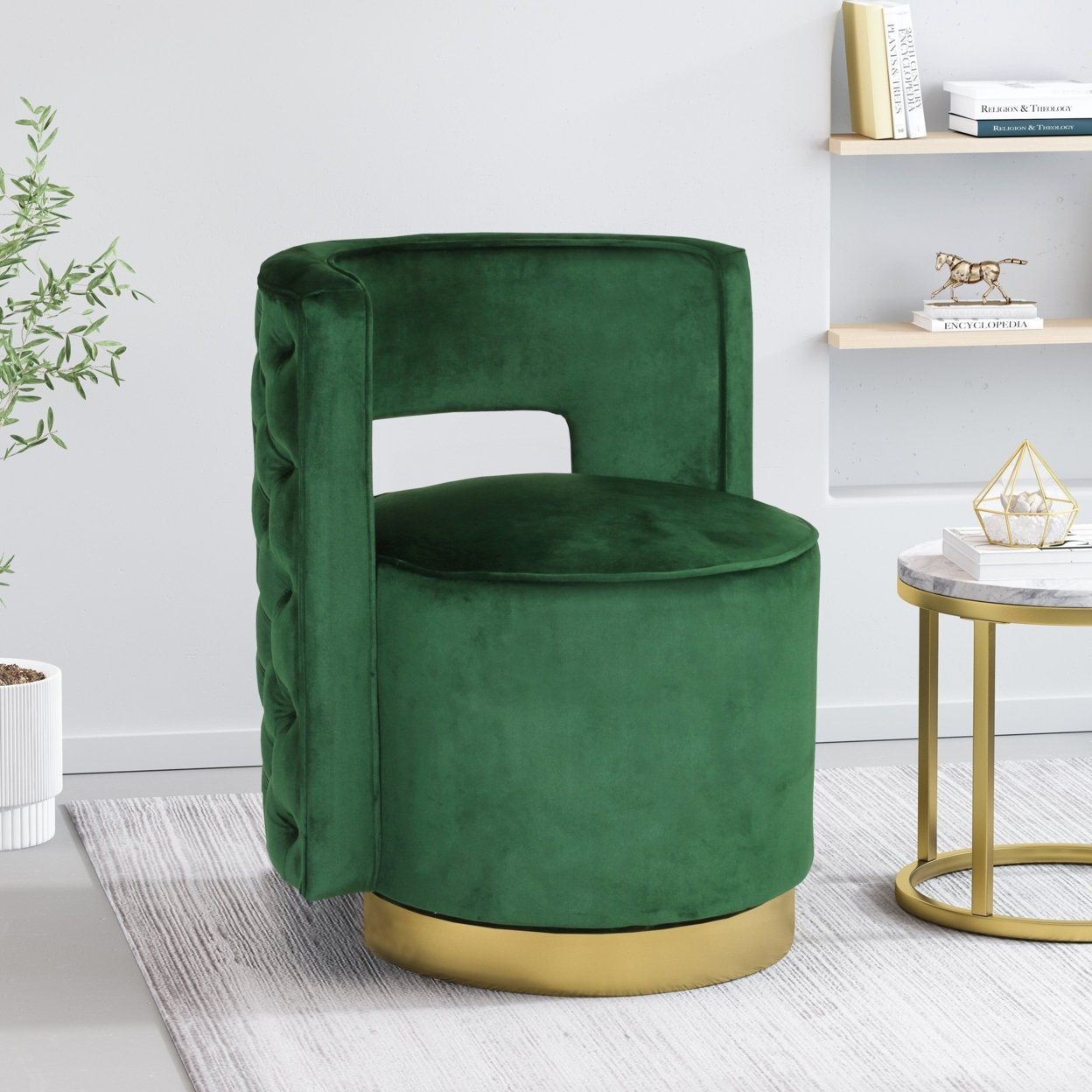Freas Modern Glam Round Open Back Velvet Swivel Club Chair - Copper/emerald