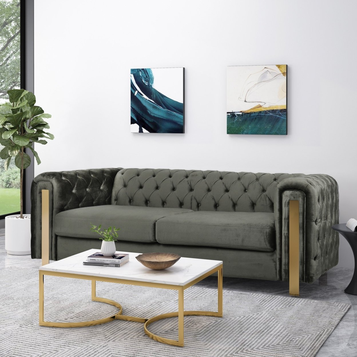 Giovanna Modern Glam Tufted Velvet 3 Seater Sofa - Gold Baking Finish/black