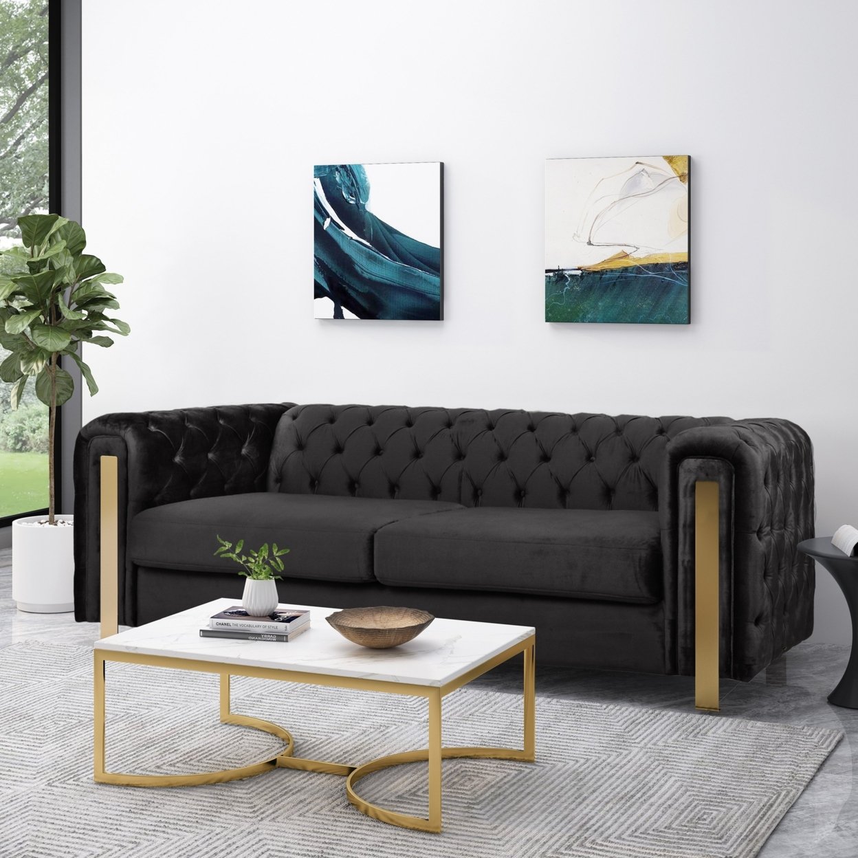 Giovanna Modern Glam Tufted Velvet 3 Seater Sofa - Gold Baking Finish/black