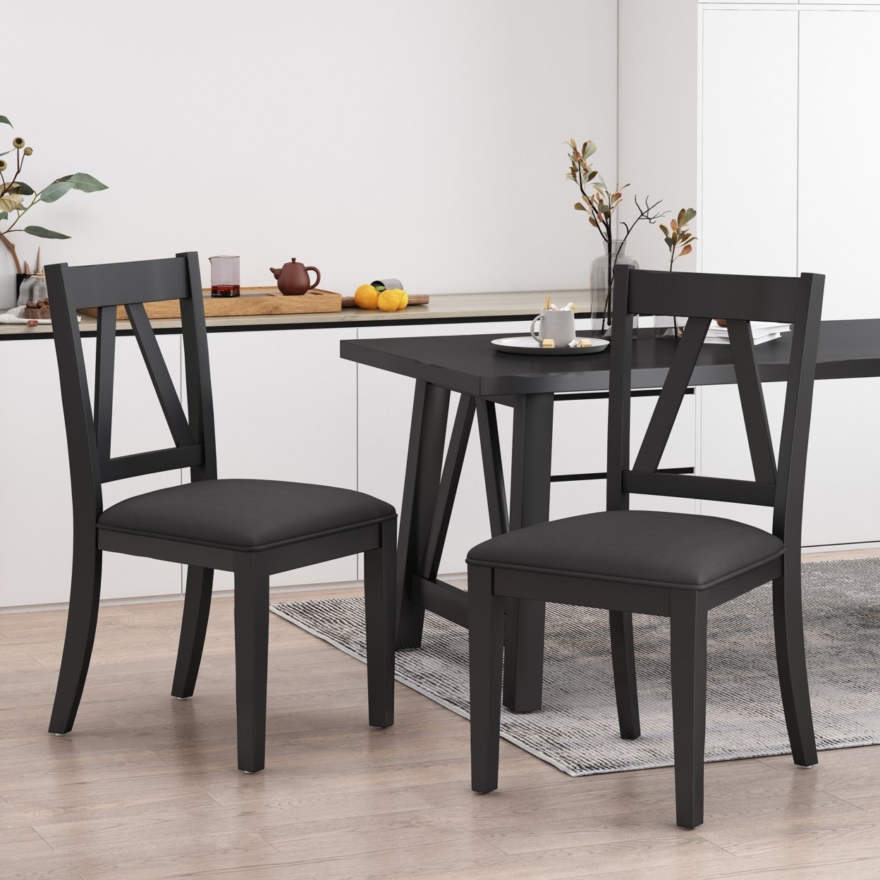 Grover Farmhouse Upholstered Wood Dining Chairs, Set Of 2 - Black