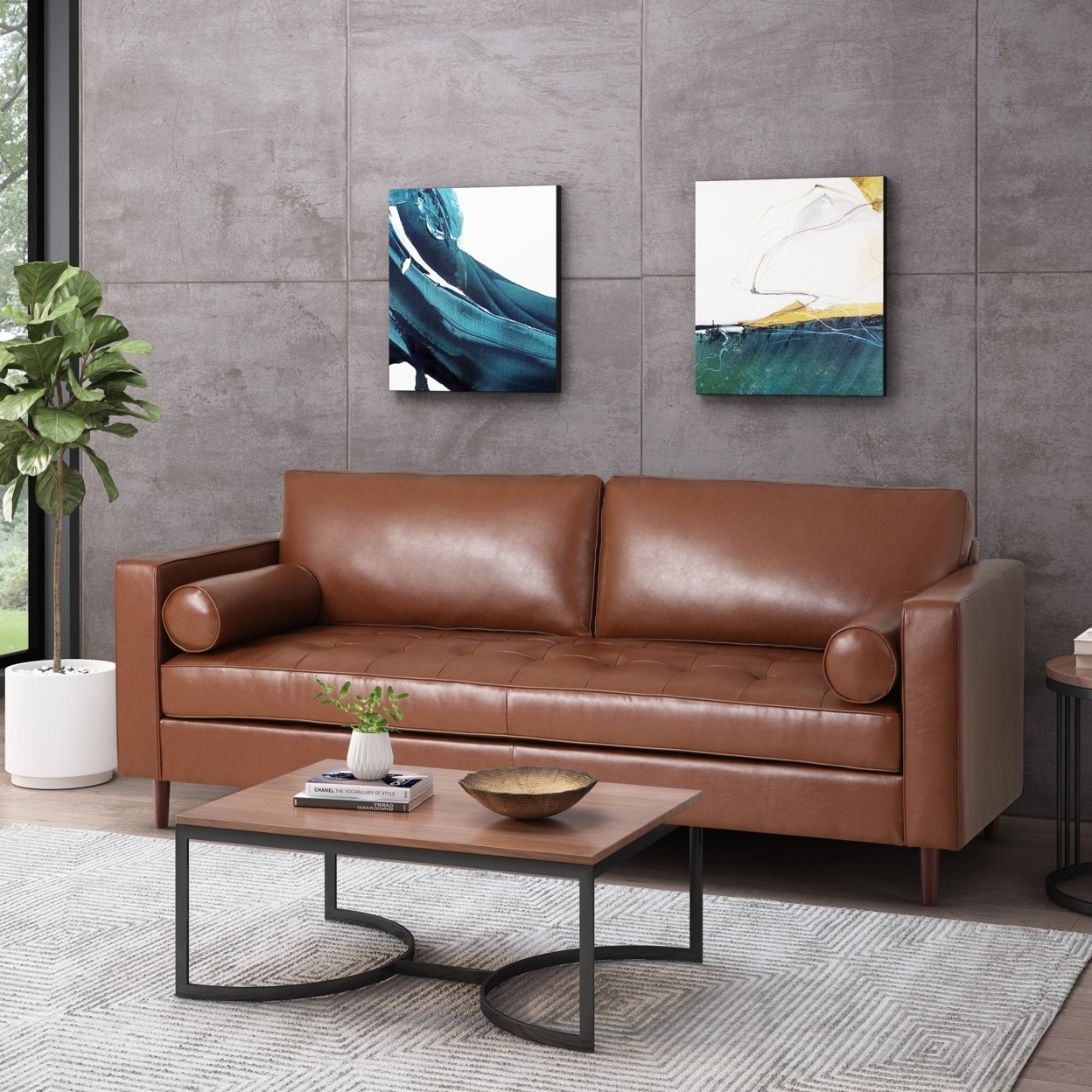 Hixon Contemporary Tufted 3 Seater Sofa - Espresso/cognac