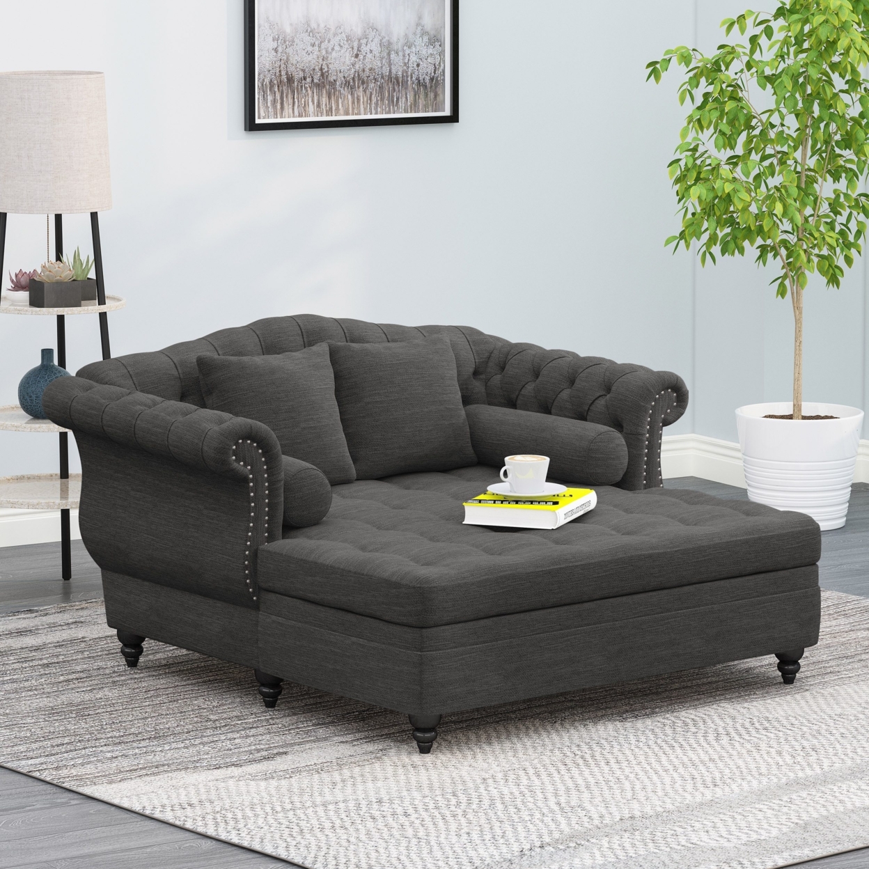 Horeb Contemporary Tufted Double Chaise Lounge With Accent Pillows - Dark Brown/charcoal