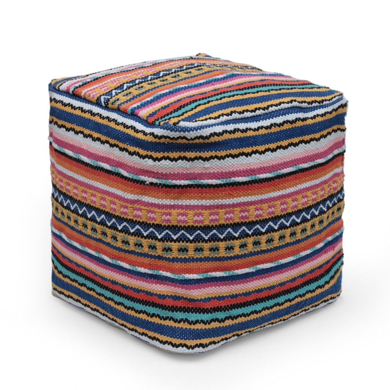 Hilliard Boho Handcrafted Peruvian Print Cube Pouf - White/pink/blue Multi Color