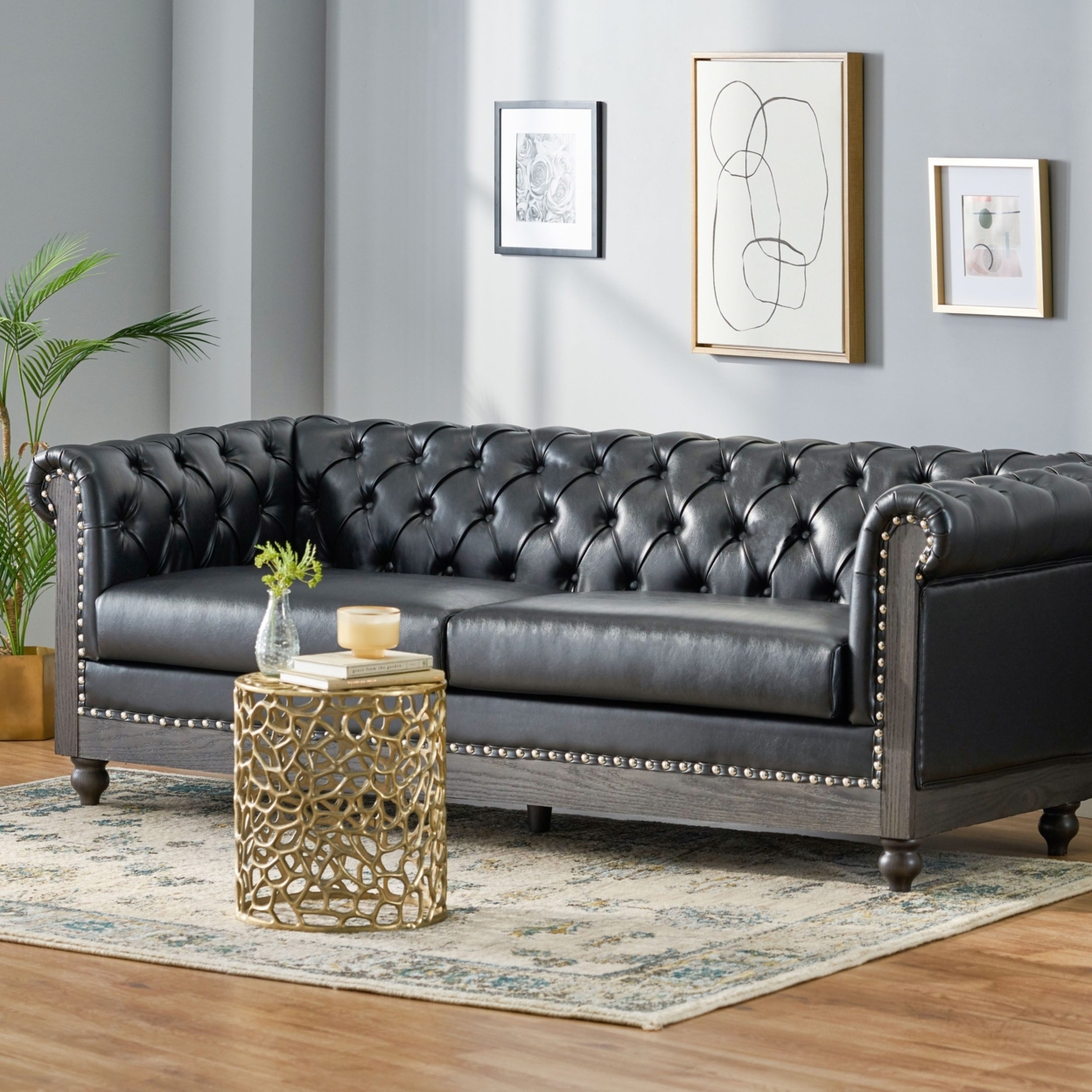 Kinzie Chesterfield Tufted 3 Seater Sofa With Nailhead Trim - Cognac