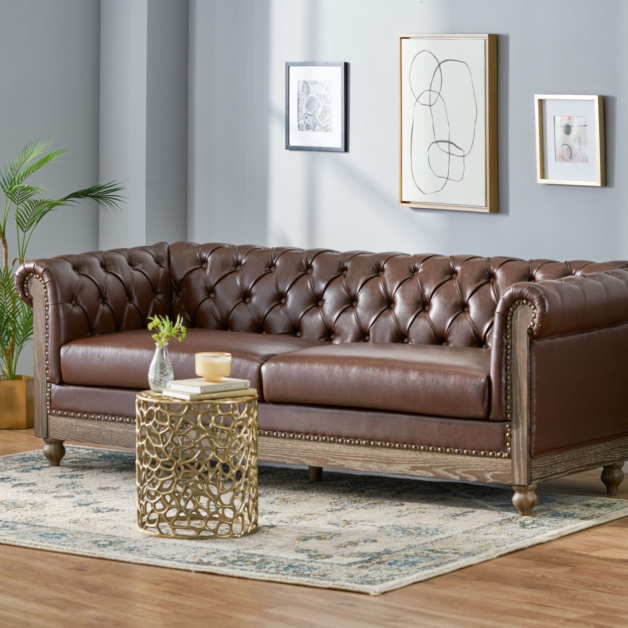 Kinzie Chesterfield Tufted 3 Seater Sofa With Nailhead Trim - Dark Brown