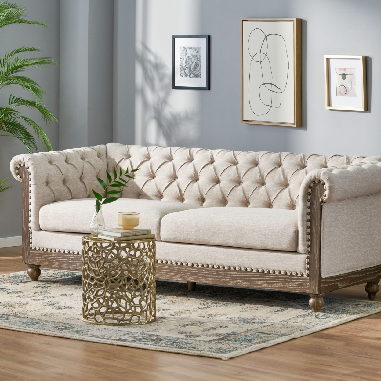 Kinzie Chesterfield Tufted Fabric 3 Seater Sofa With Nailhead Trim - Dark Brown/beige