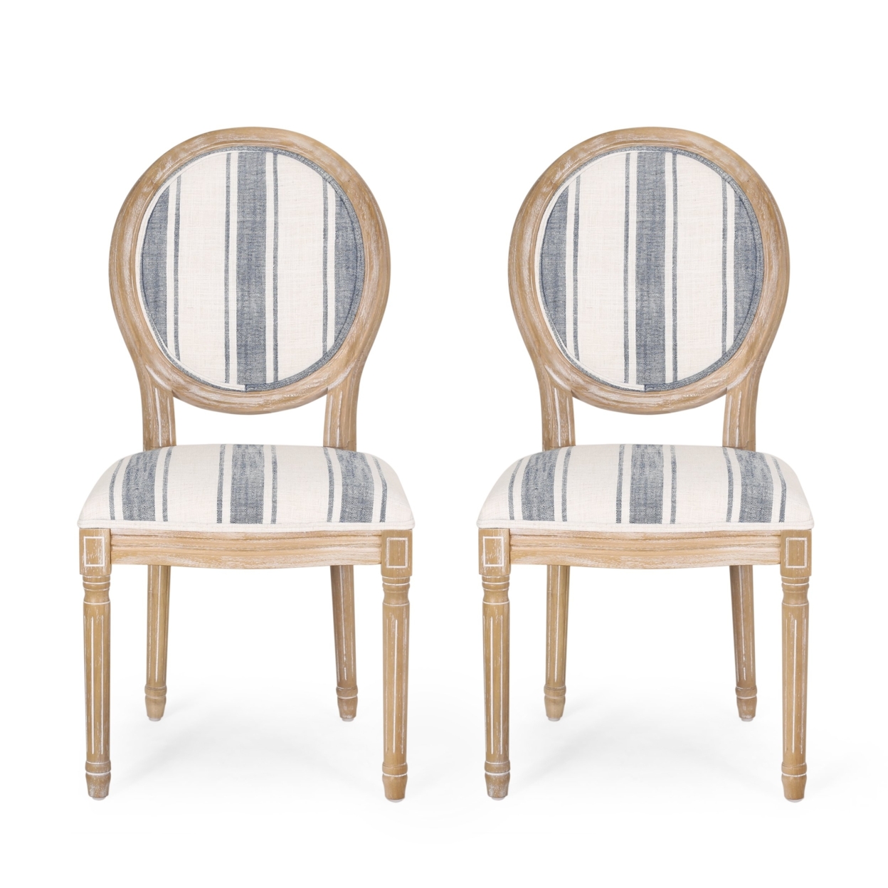 Lariya French Country Fabric Dining Chairs - Dark Blue Line, Set Of 4