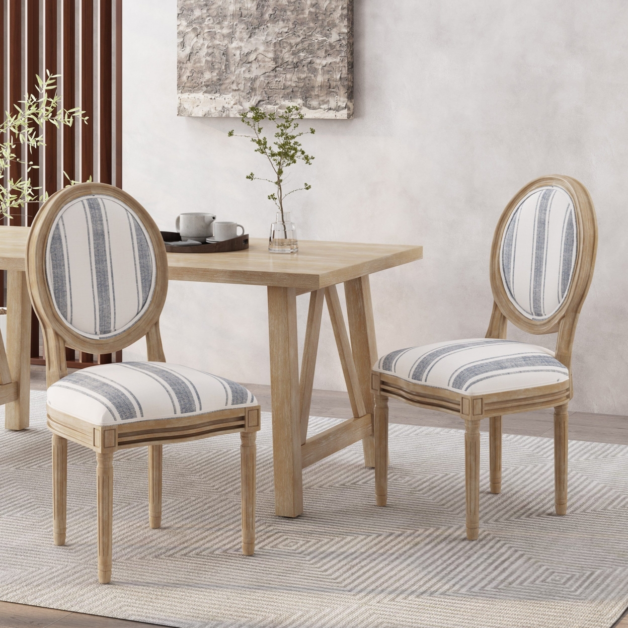 Lariya French Country Fabric Dining Chairs - Dark Blue Line, Set Of 2