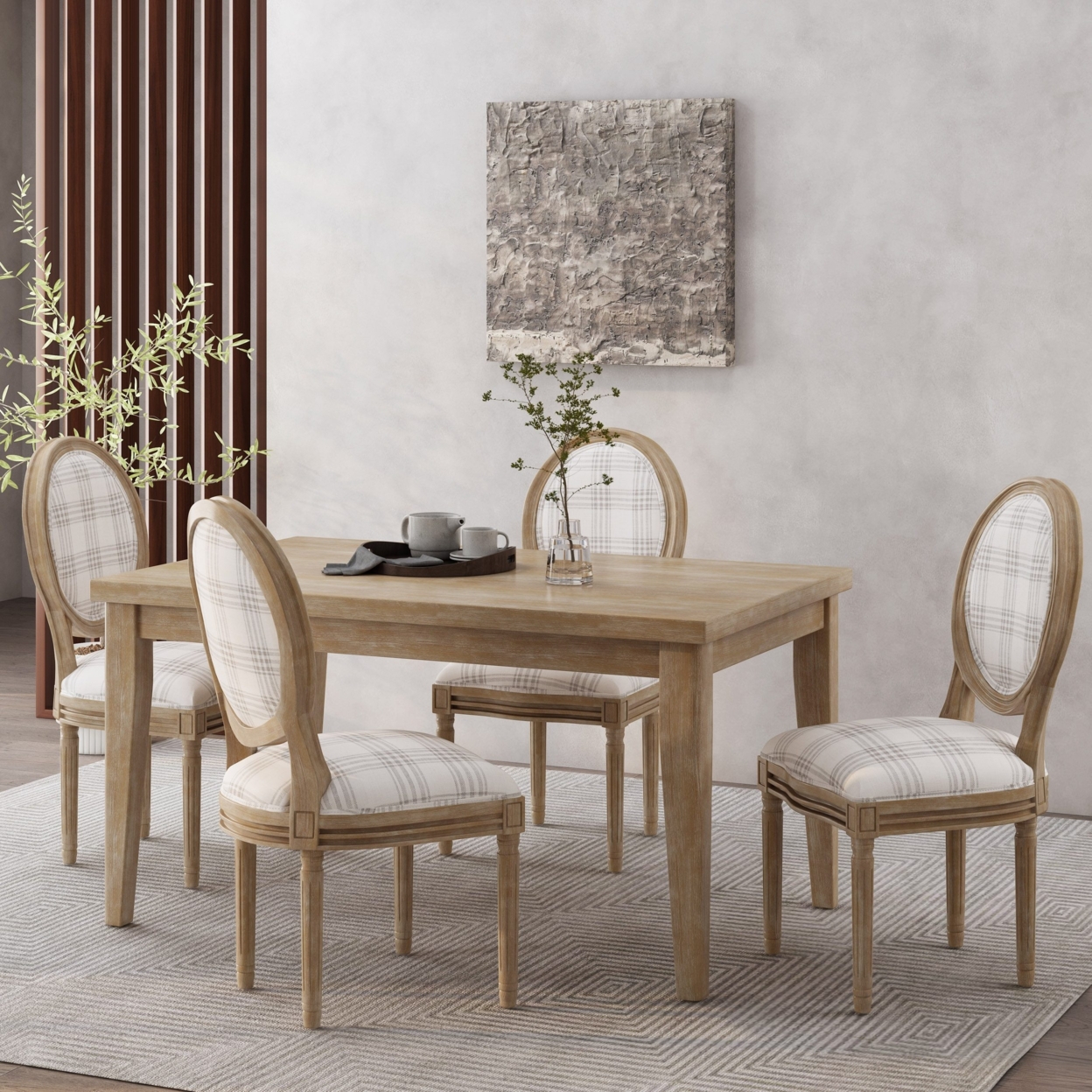 Lariya French Country Fabric Dining Chairs - Grey Plaid, Set Of 4