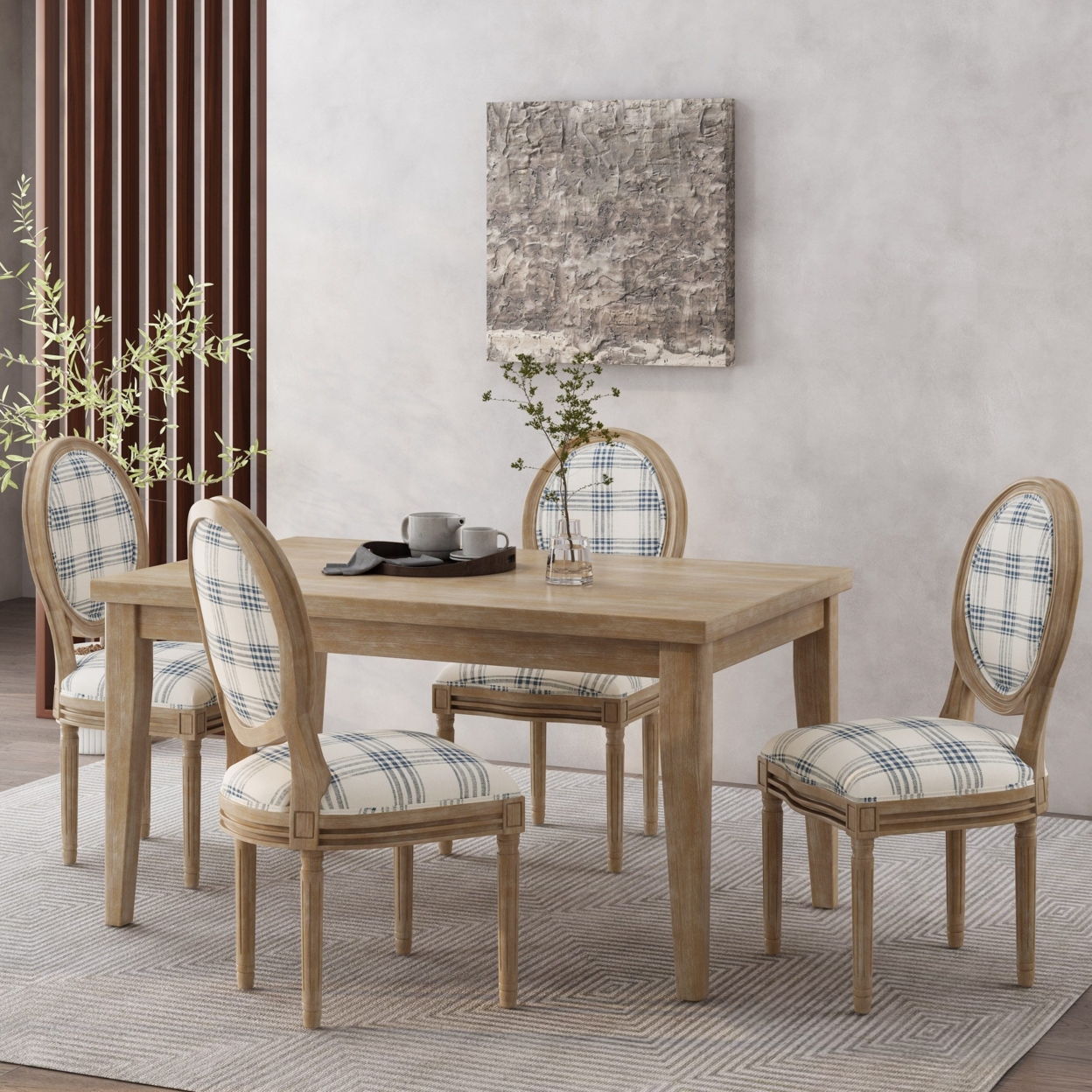 Lariya French Country Fabric Dining Chairs - Dark Blue Plaid, Set Of 4