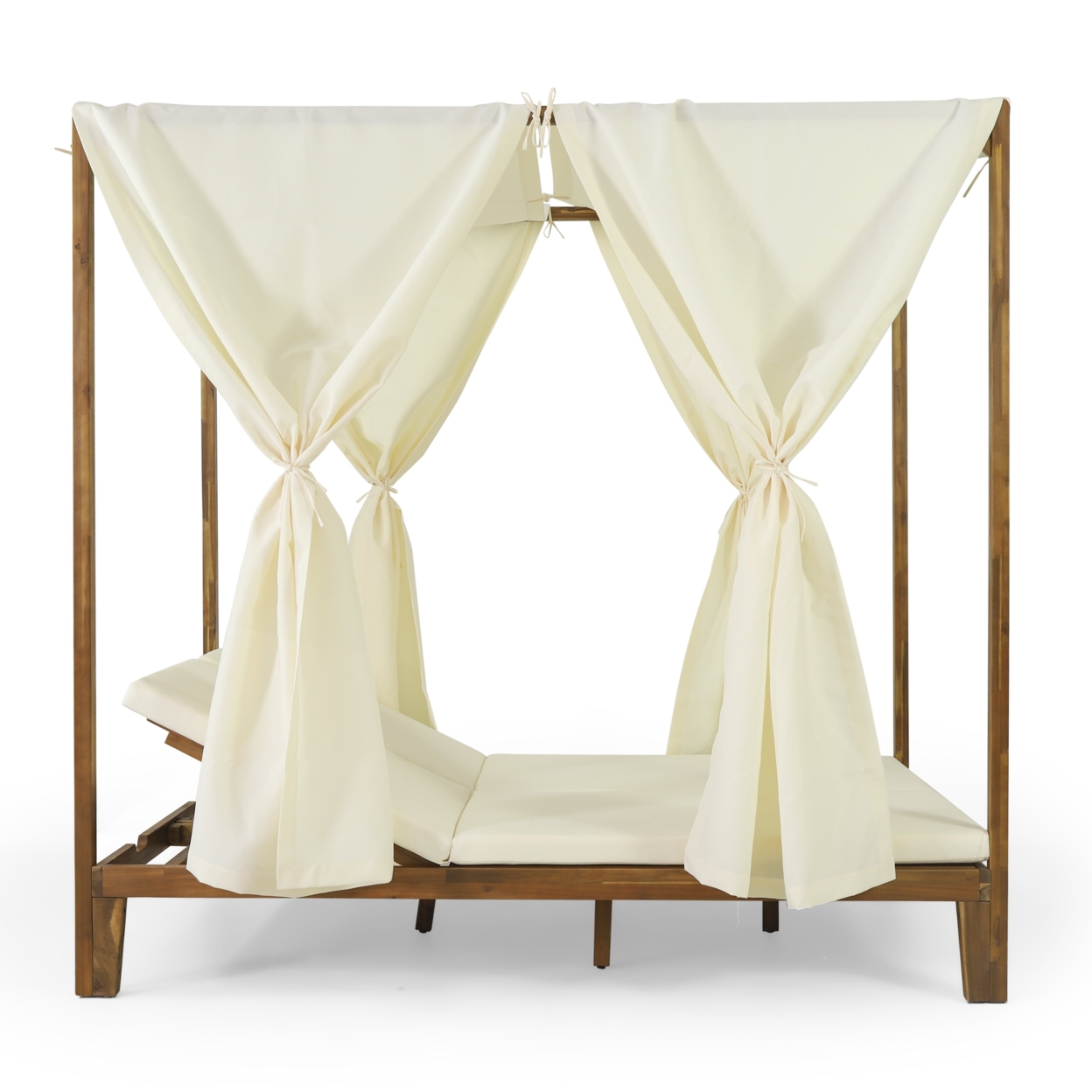 Leaverton Outdoor 2 Seater Adjustable Acacia Wood Daybed With Curtains - Teak Finish/dark Grey