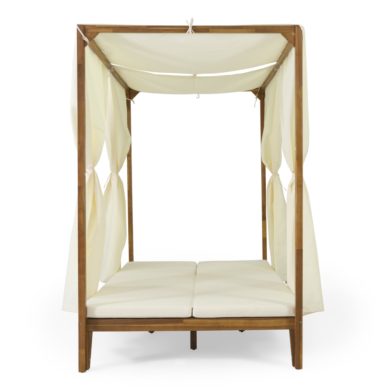 Leaverton Outdoor 2 Seater Adjustable Acacia Wood Daybed With Curtains - Teak Finish/cream