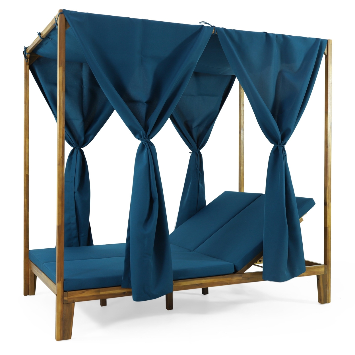 Leaverton Outdoor 2 Seater Adjustable Acacia Wood Daybed With Curtains - Teak Finish/blue
